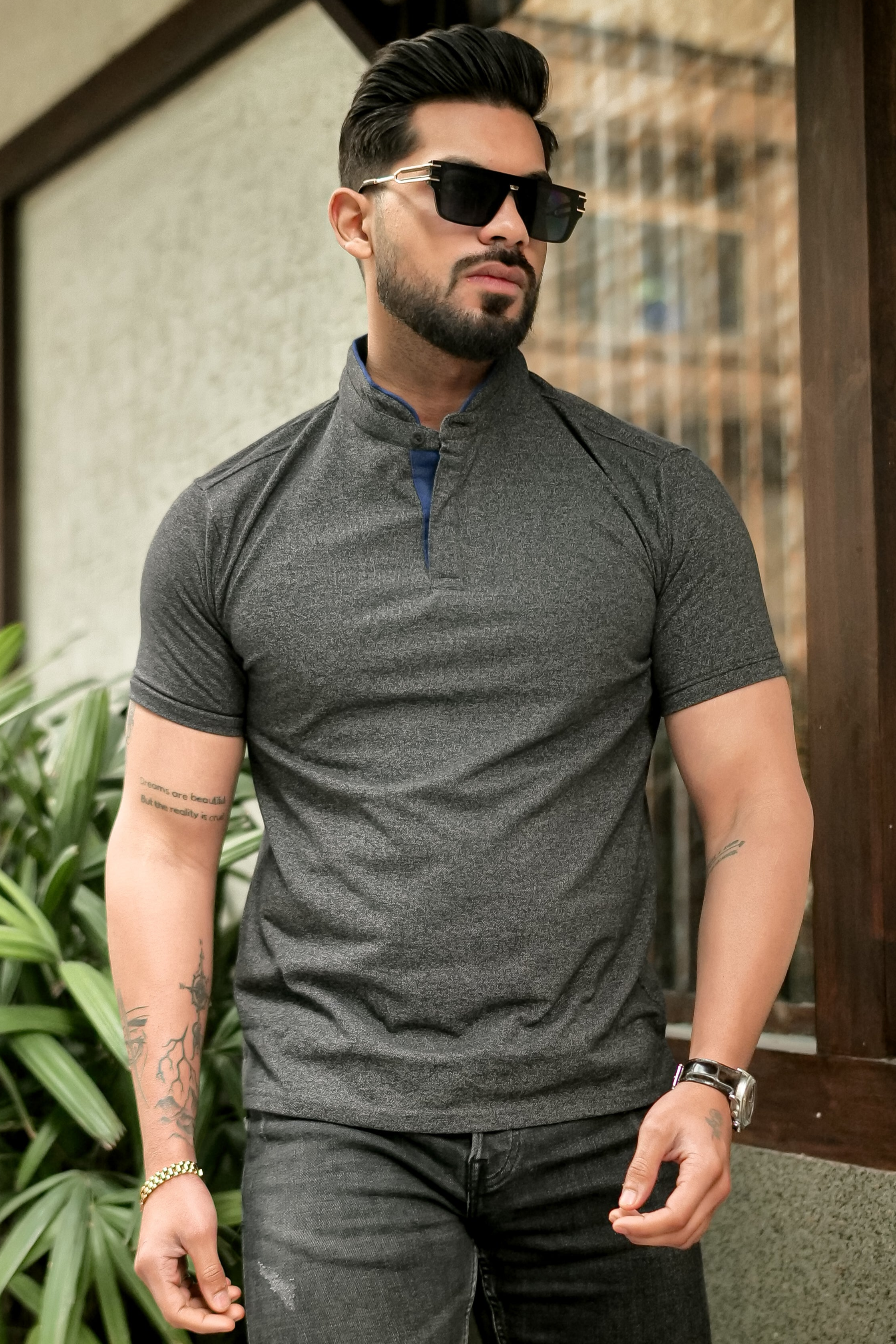 Dark Grey Mandarin Collar Tinted Fabric Henley T-Shirt