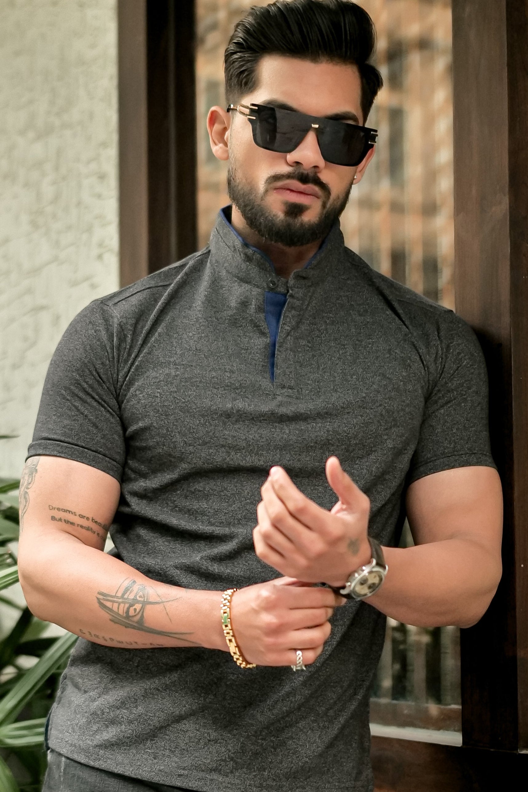 Dark Grey Mandarin Collar Tinted Fabric Henley T-Shirt