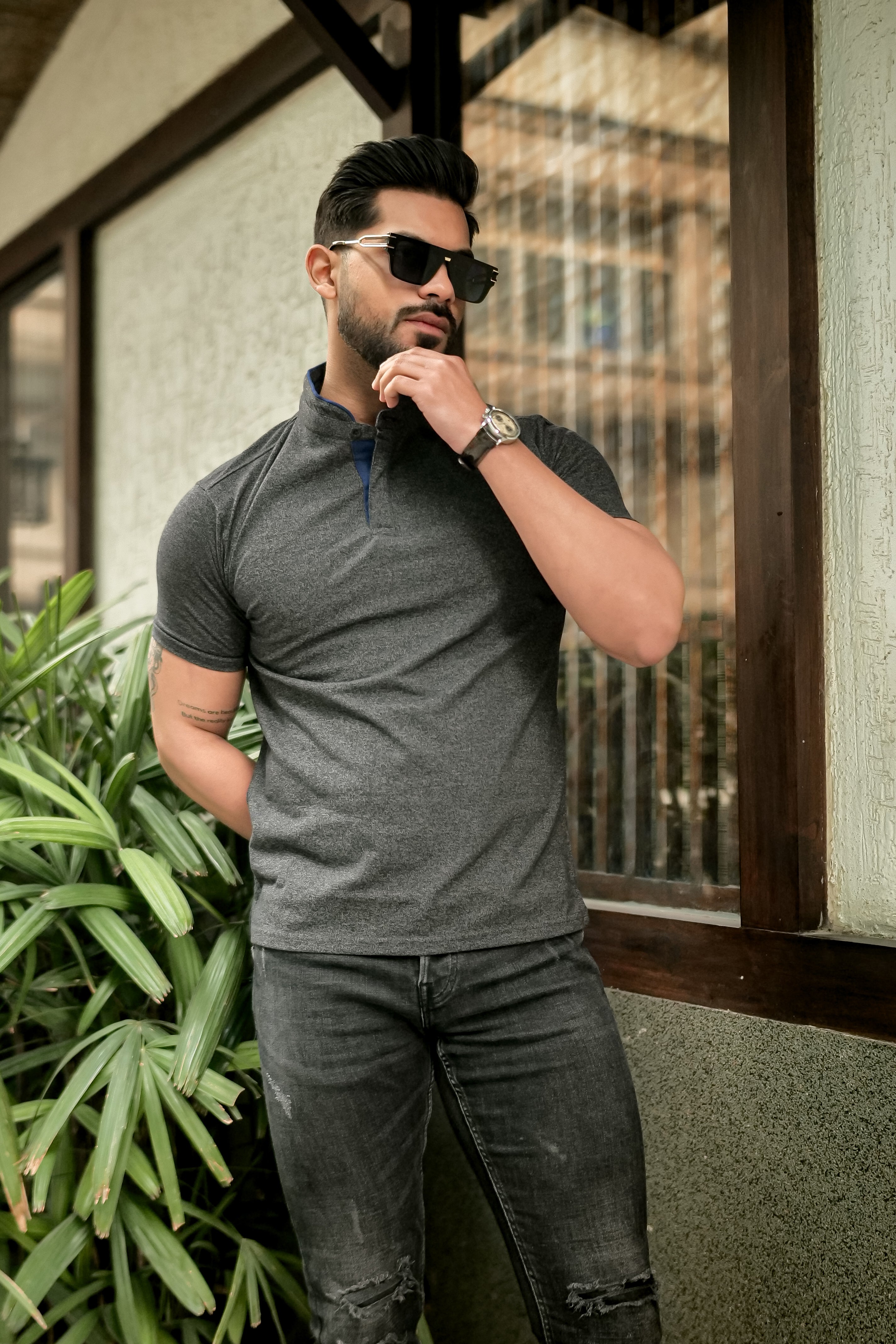 Dark Grey Mandarin Collar Tinted Fabric Henley T-Shirt