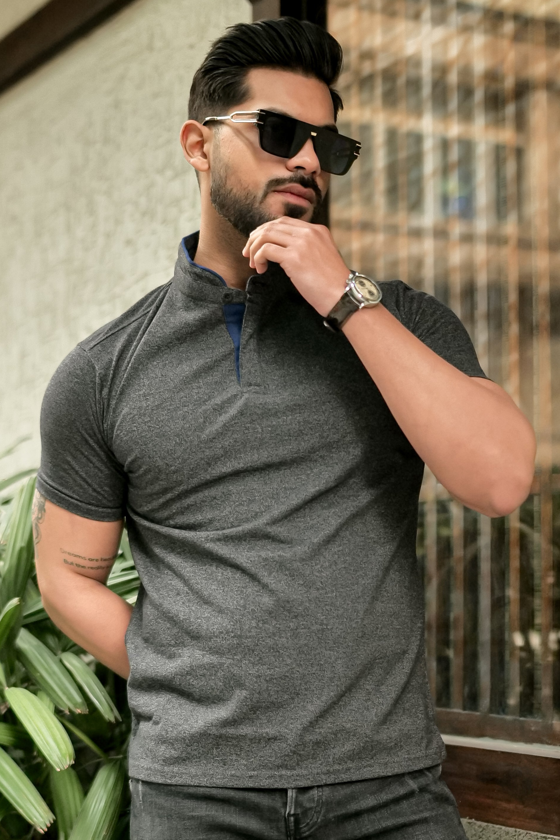 Dark Grey Mandarin Collar Tinted Fabric Henley T-Shirt