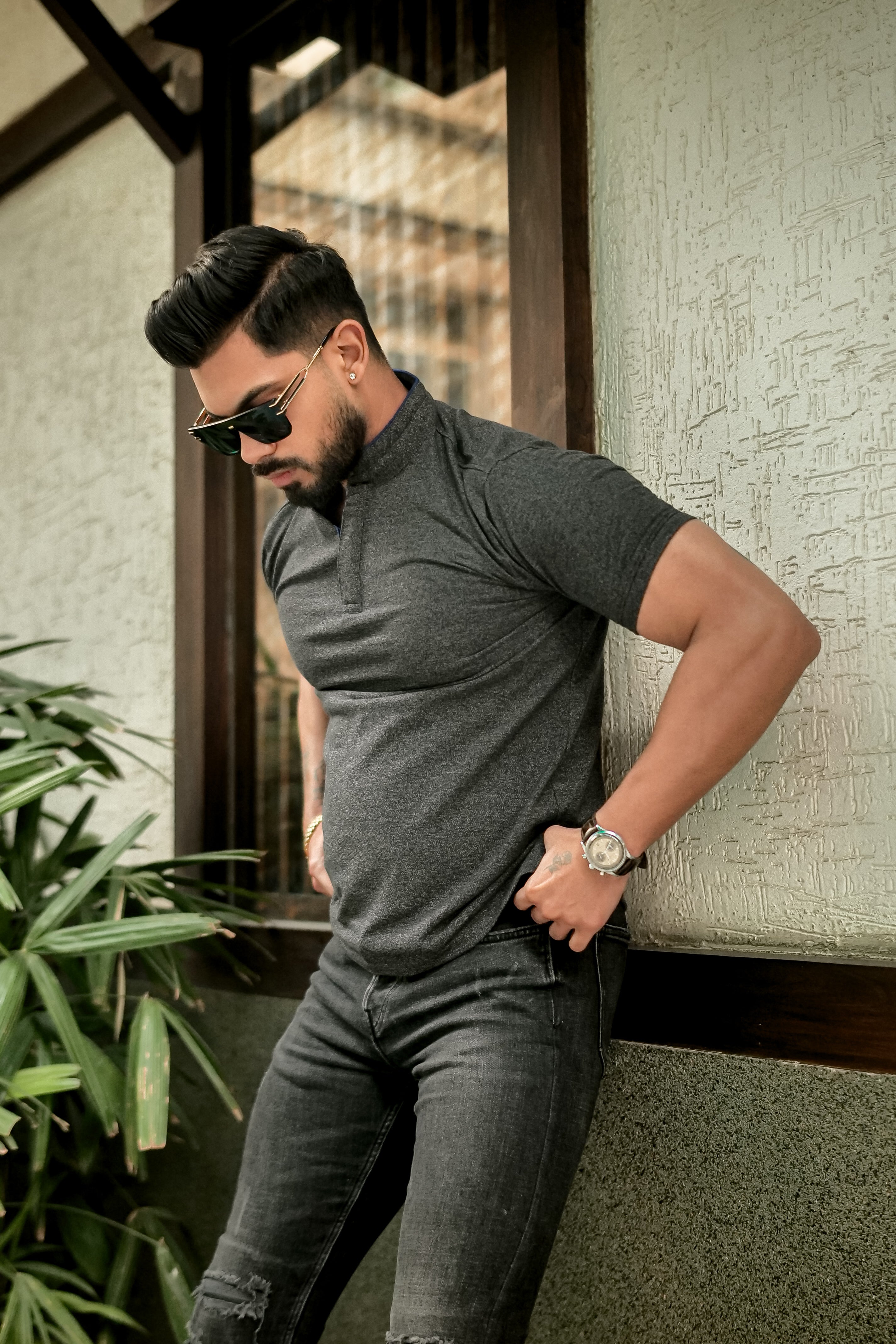 Dark Grey Mandarin Collar Tinted Fabric Henley T-Shirt