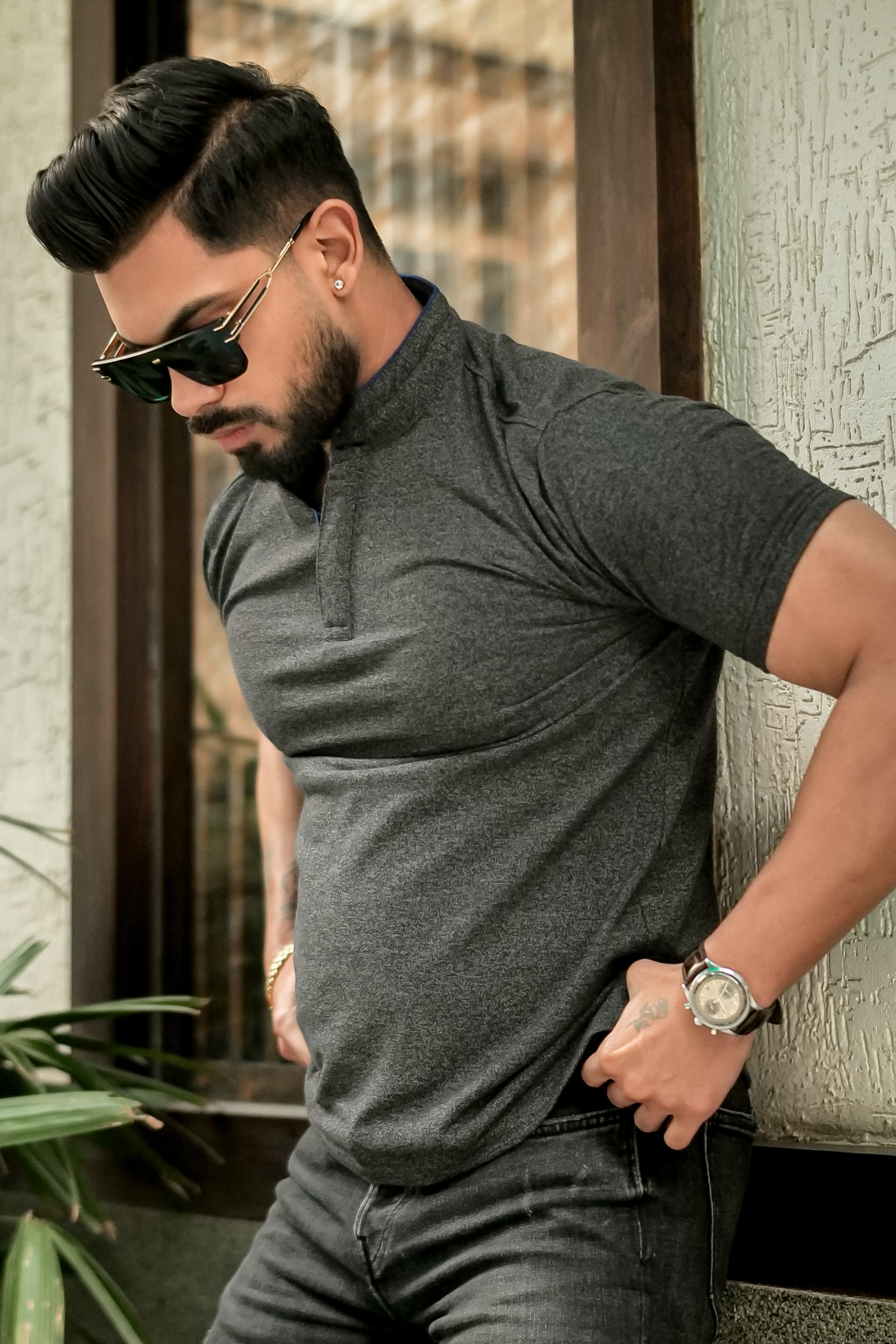 Dark Grey Mandarin Collar Tinted Fabric Henley T-Shirt