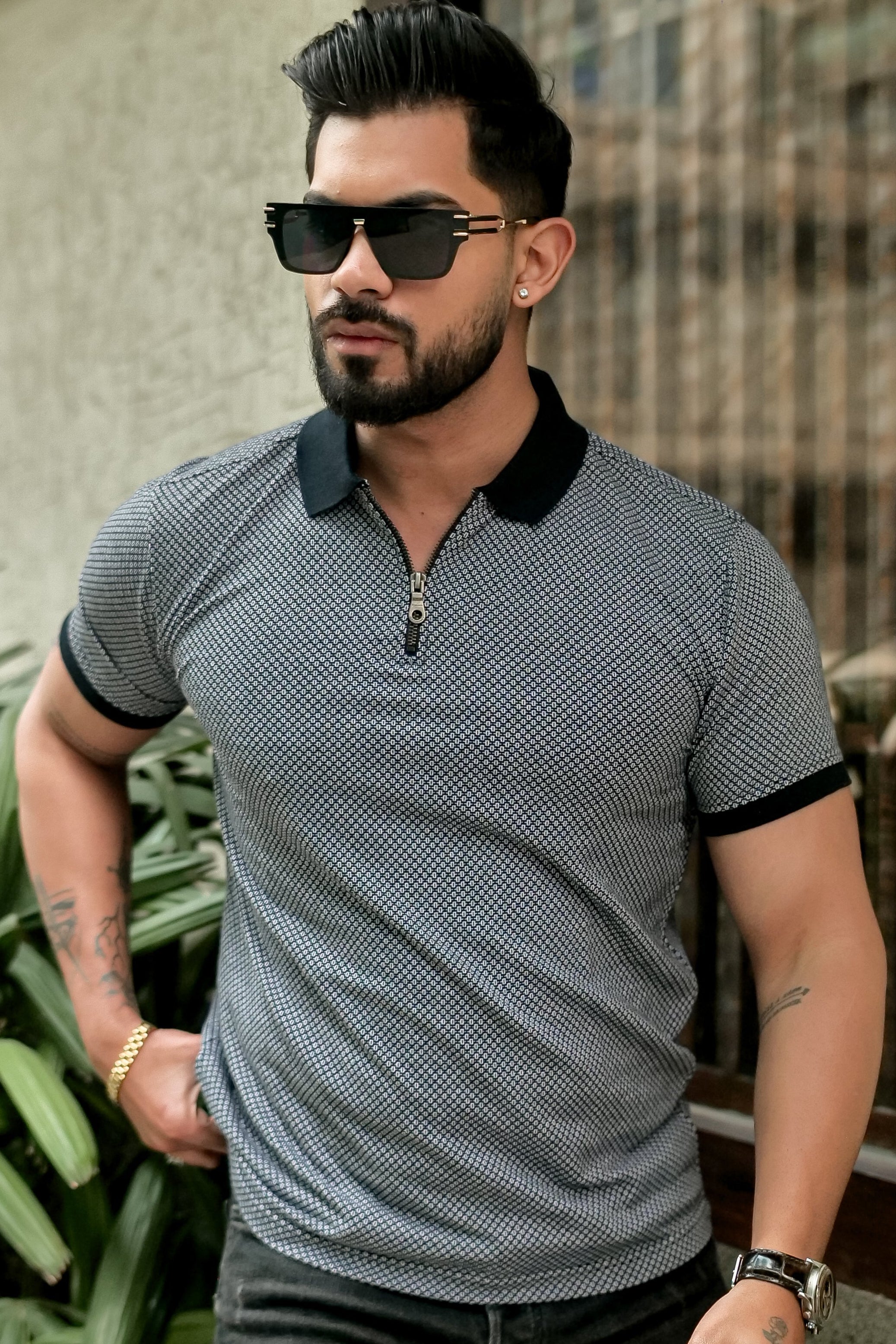 Grey Self Design Polo Neck T-Shirt With Collar