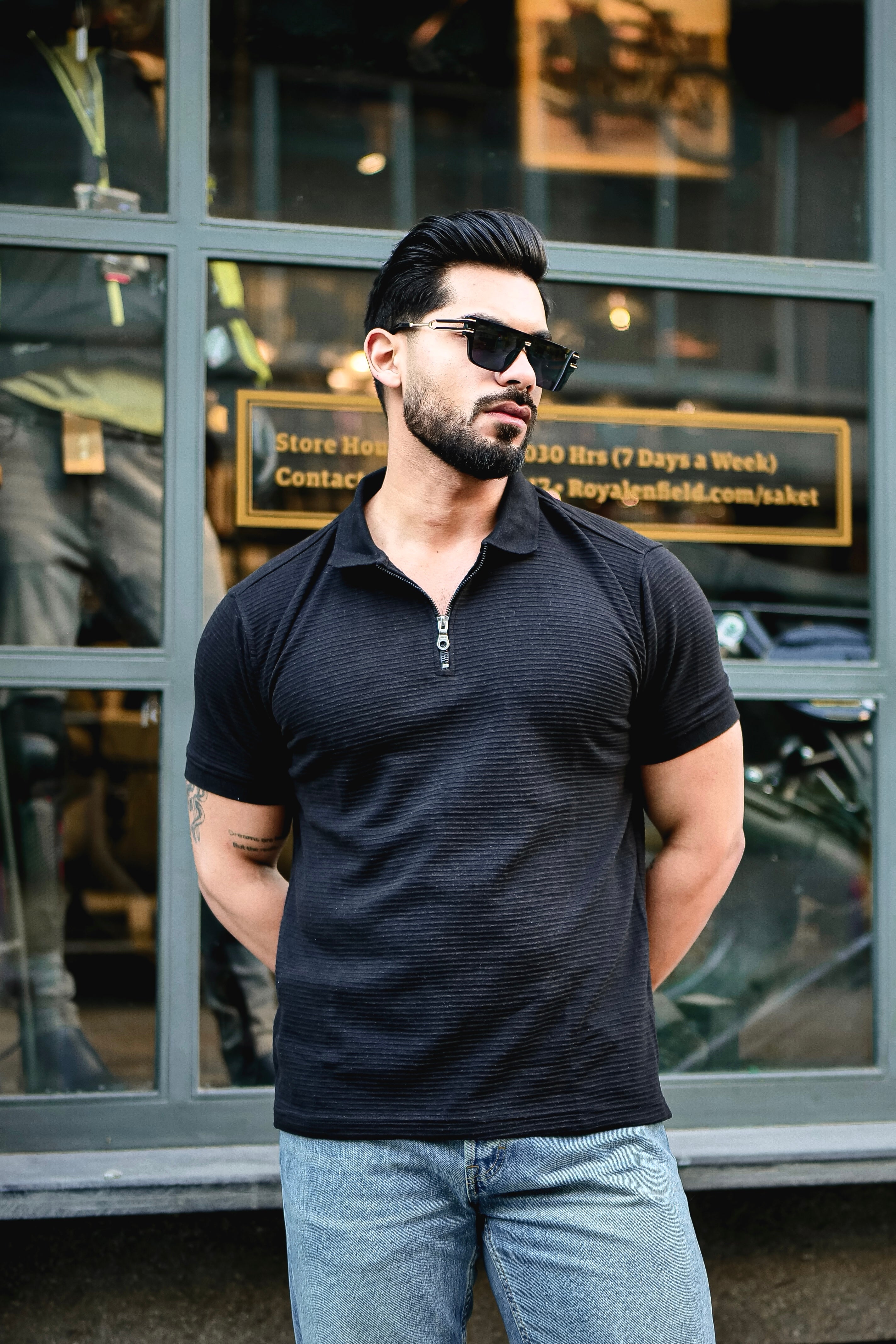 Black Self Design Polo Neck T-Shirt With Collar