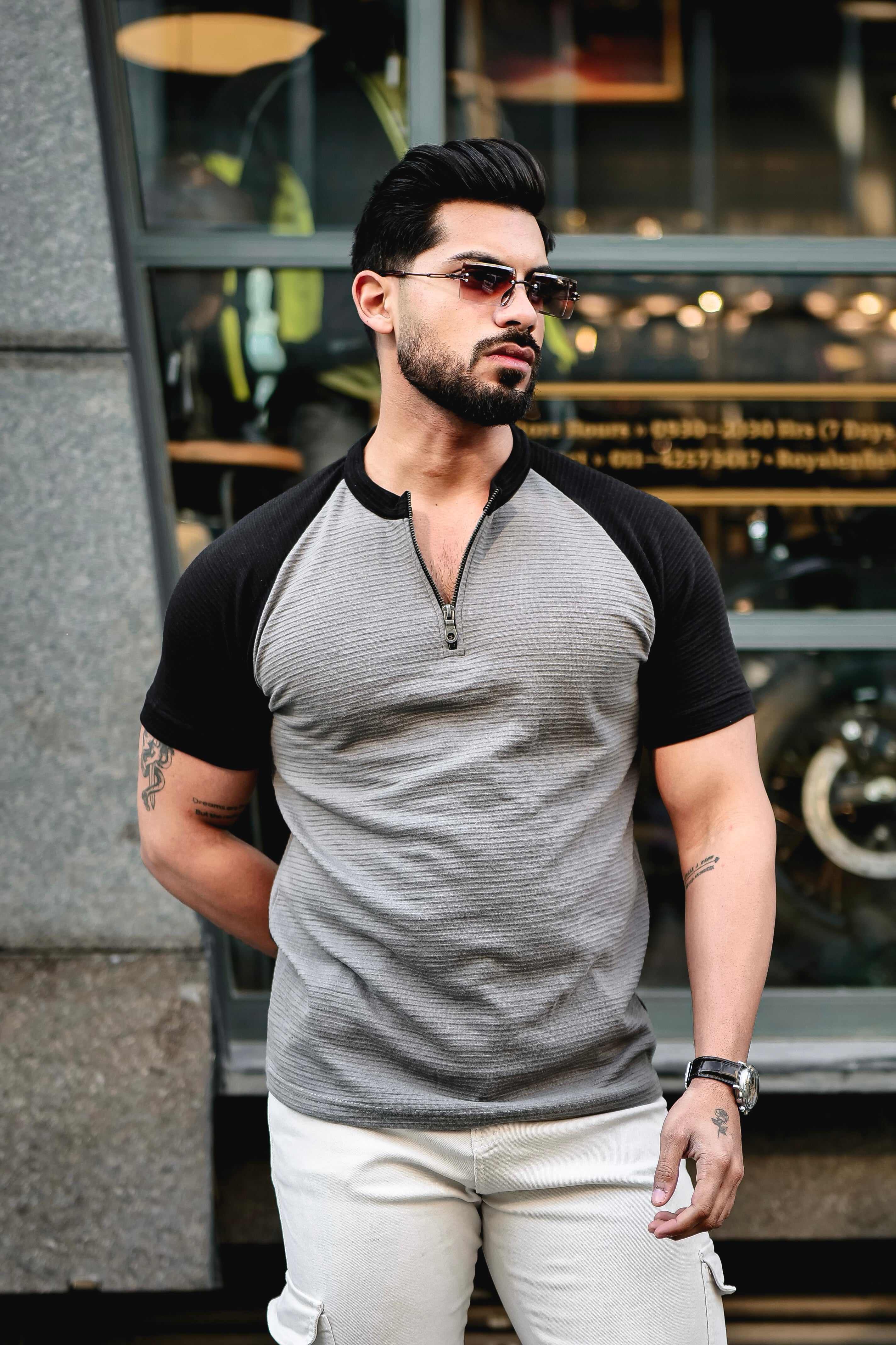 Grey Black Self Design Color Block Zipper T-Shirt