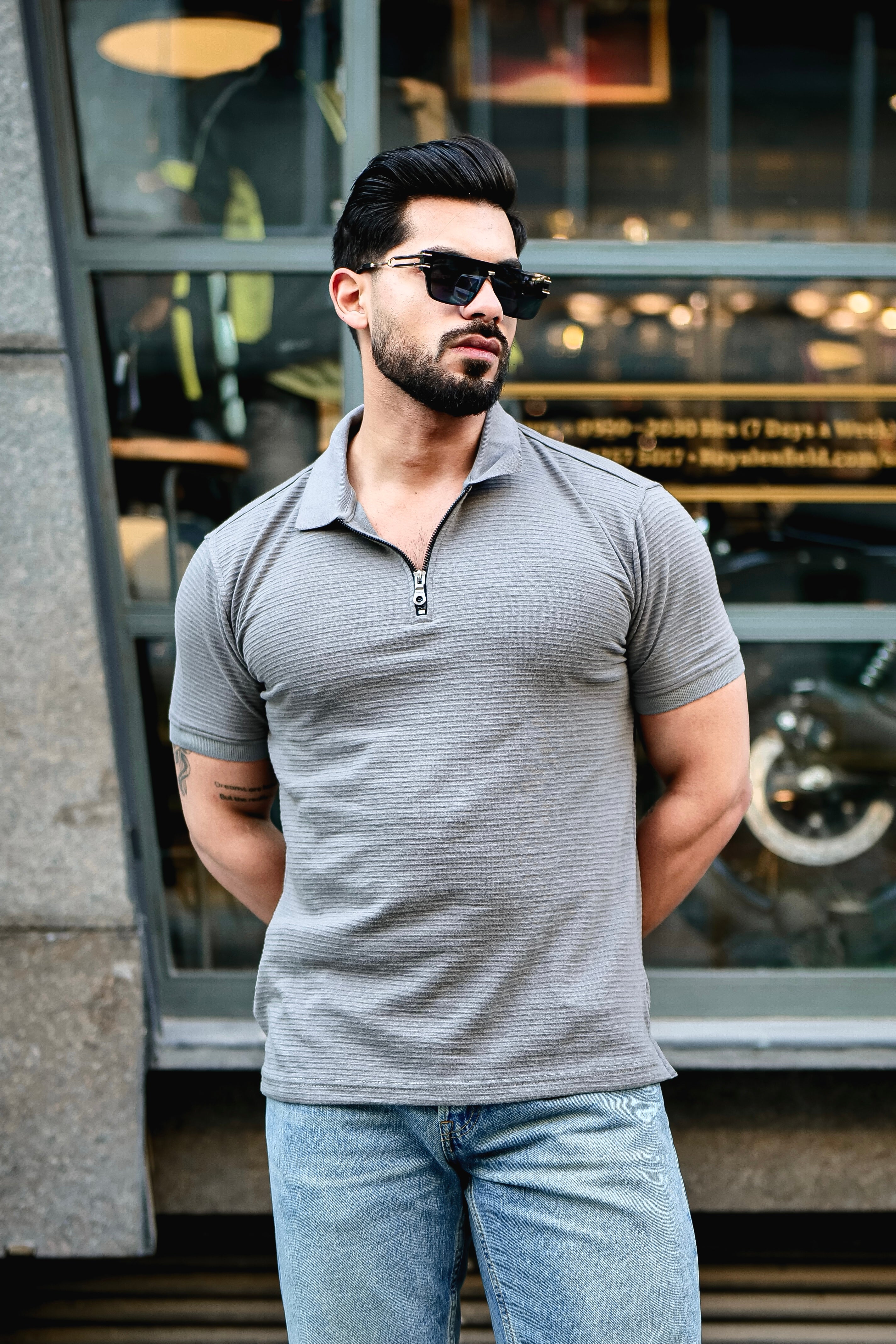 Grey Self Design Polo Neck T-Shirt With Collar