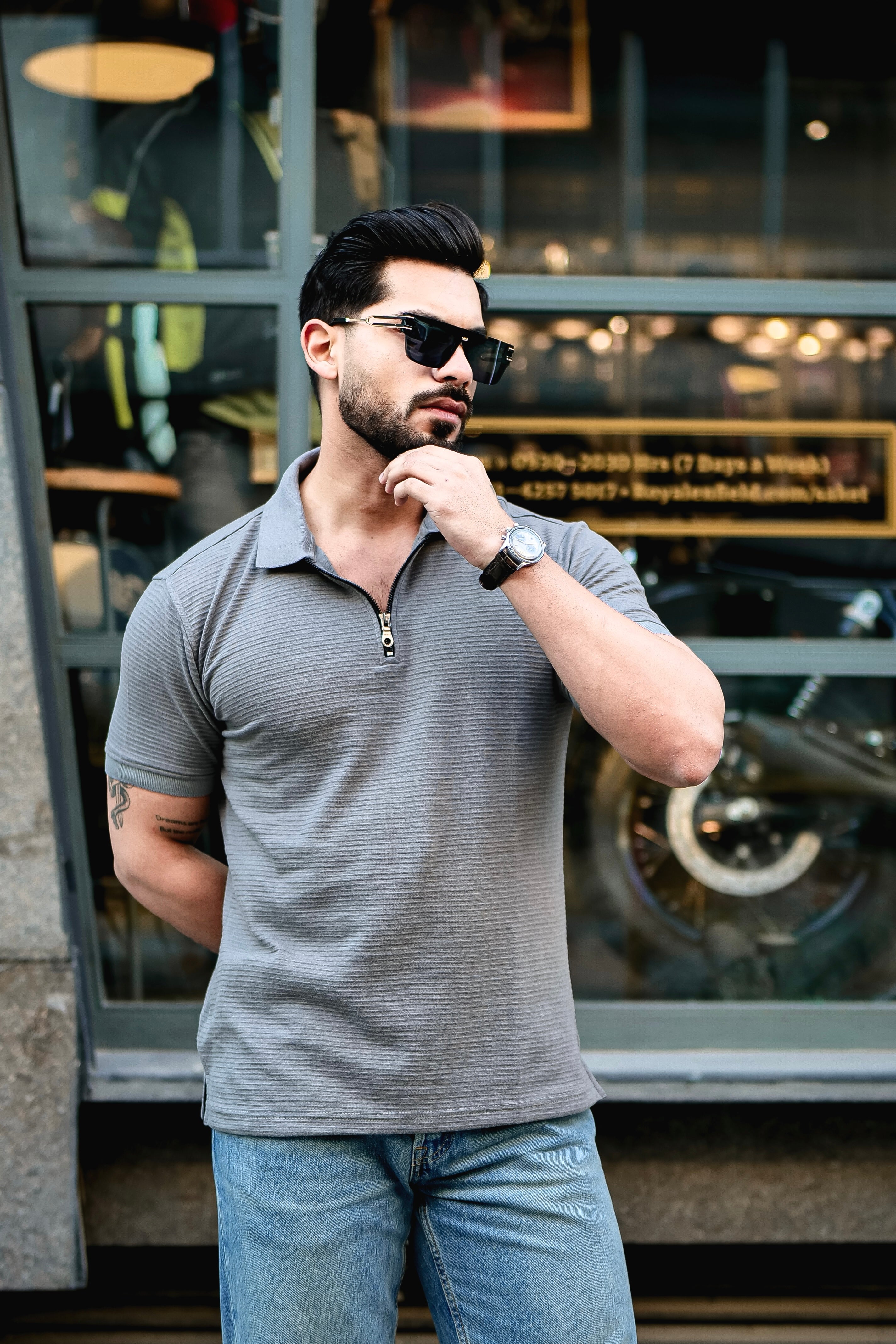 Grey Self Design Polo Neck T-Shirt With Collar