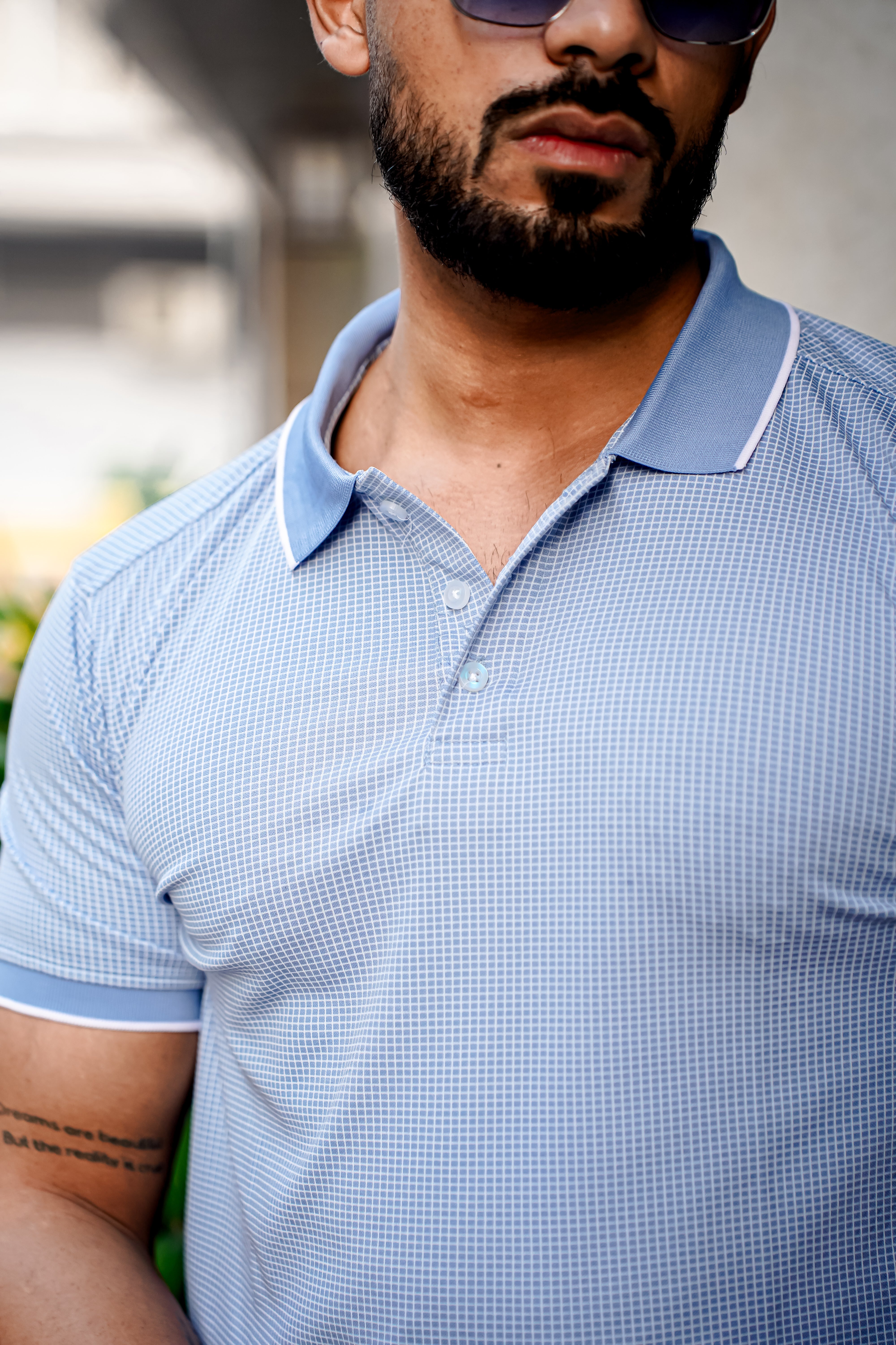 Sky Blue Self Design Polo T-Shirt