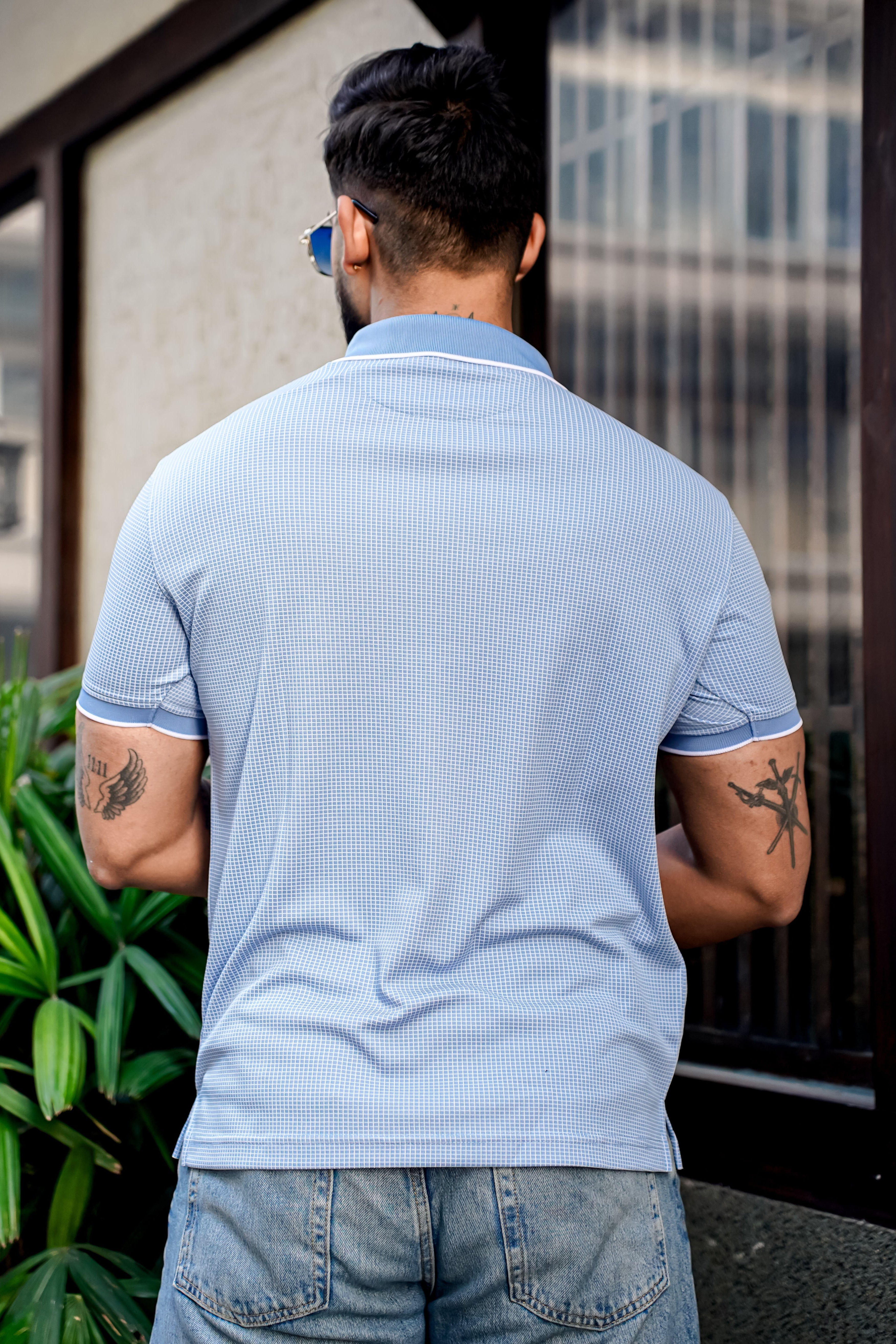 Sky Blue Self Design Polo T-Shirt