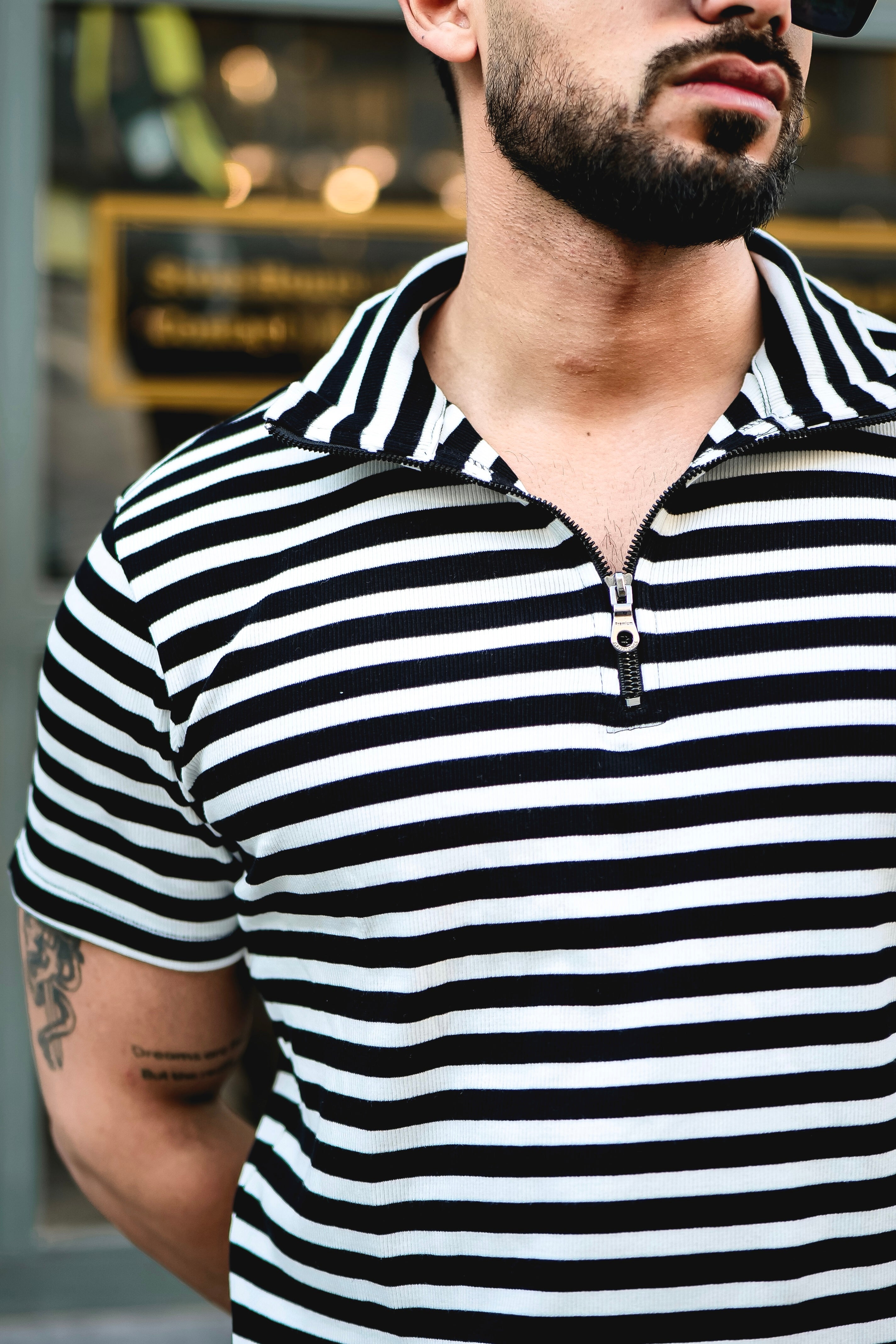 White and Black Striped Rib Zipper T-Shirt