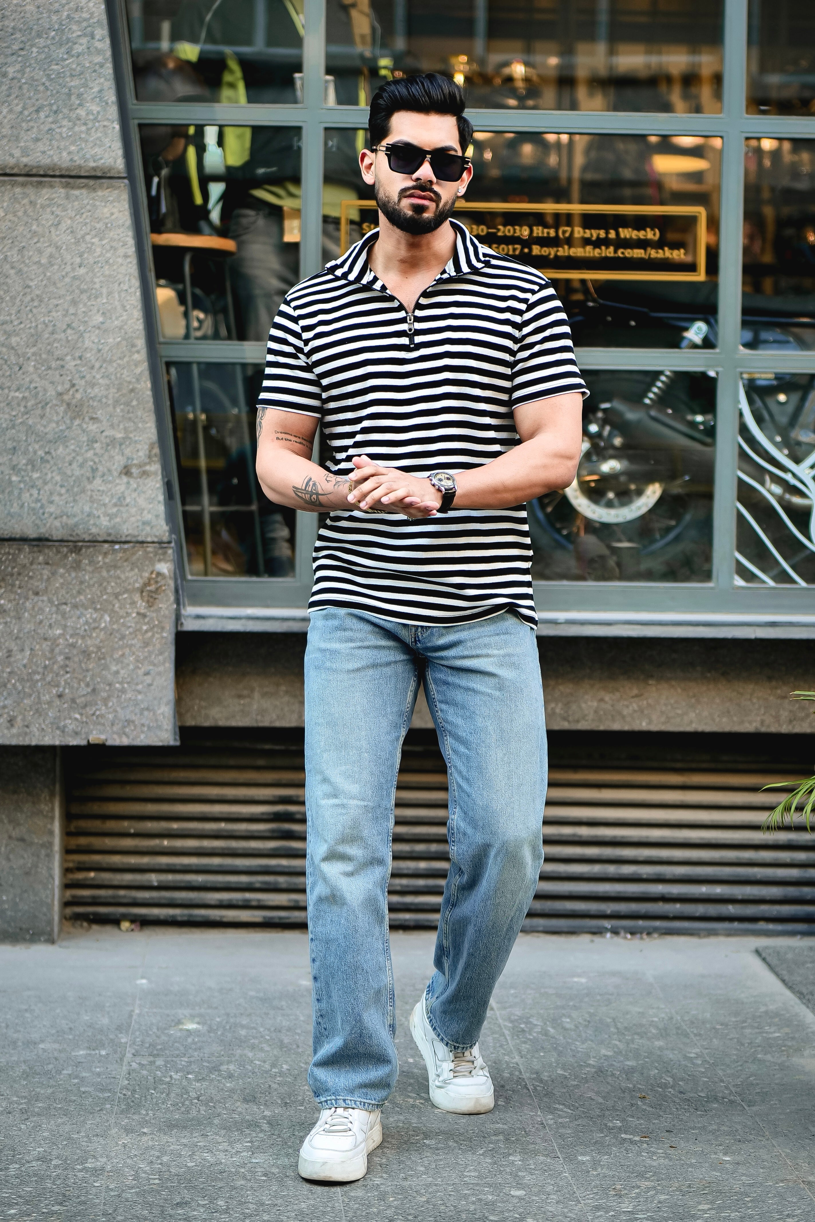 White and Black Striped Rib Zipper T-Shirt