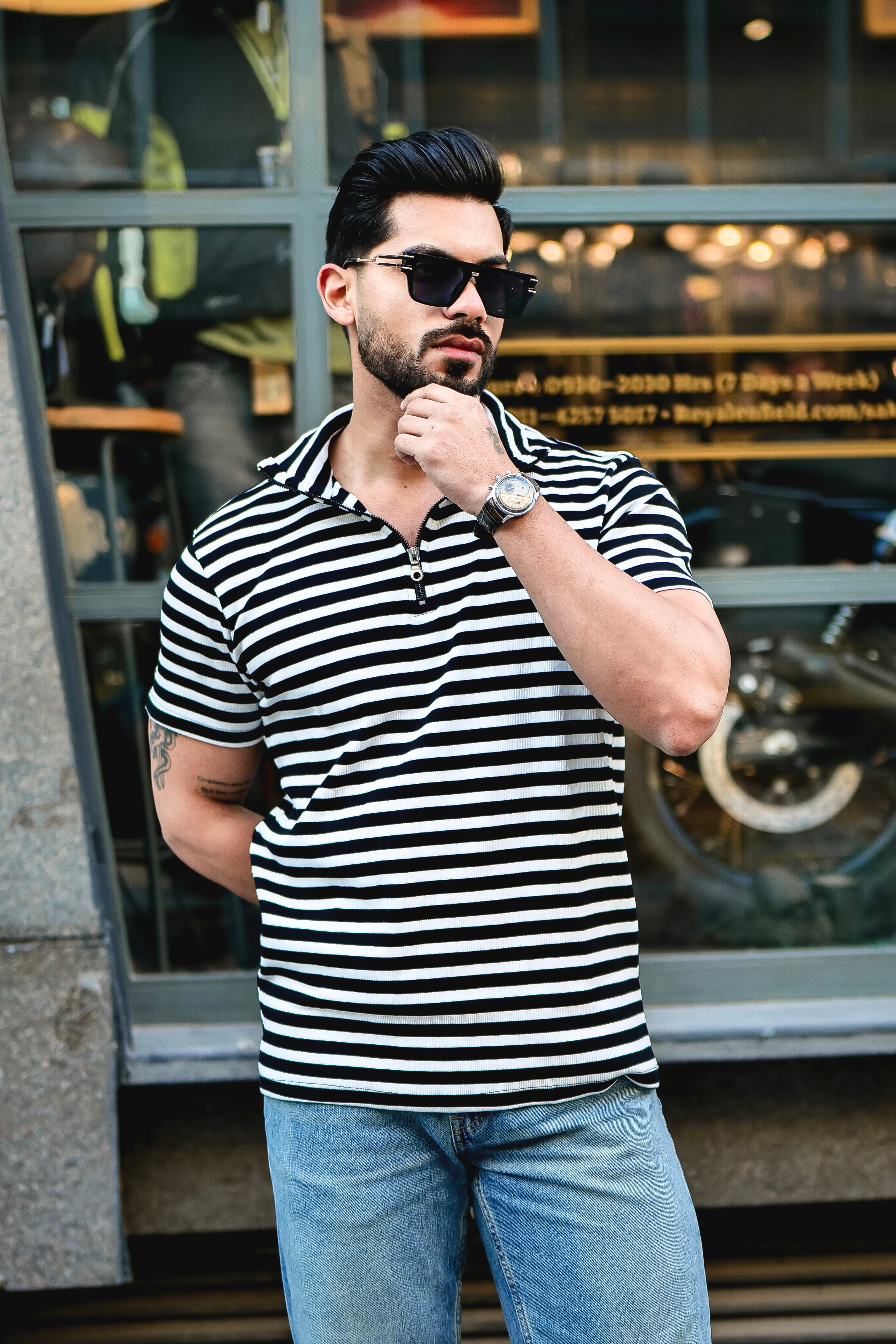 White and Black Striped Rib Zipper T-Shirt