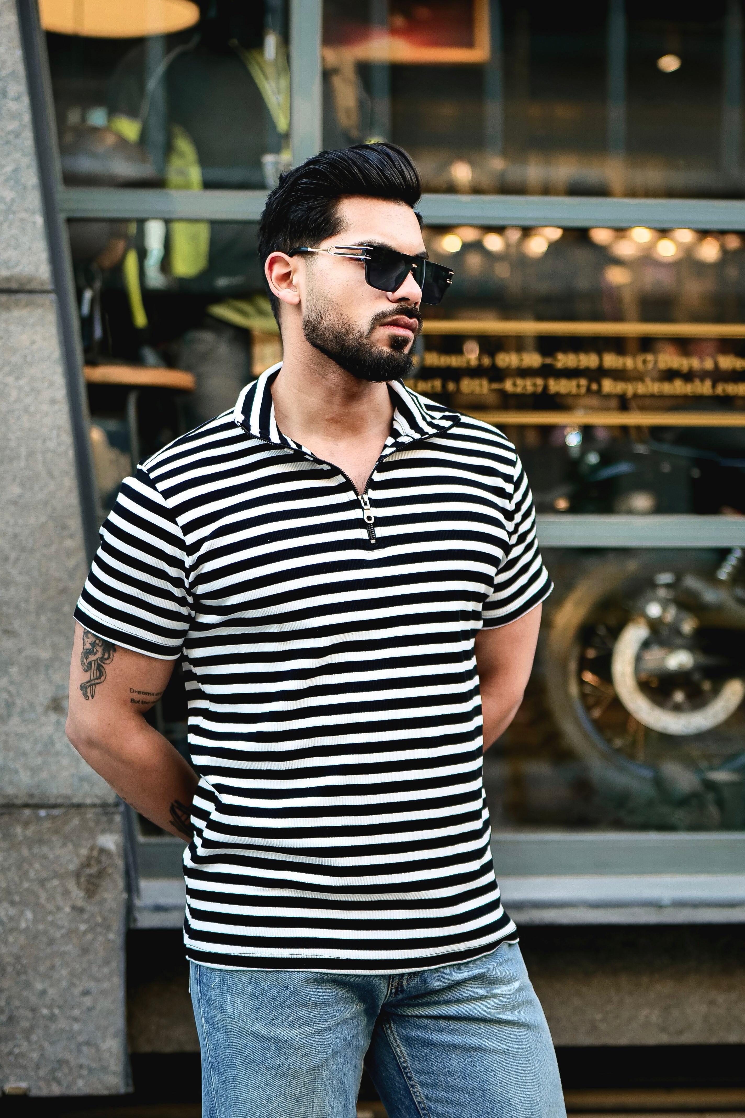 White and Black Striped Rib Zipper T-Shirt