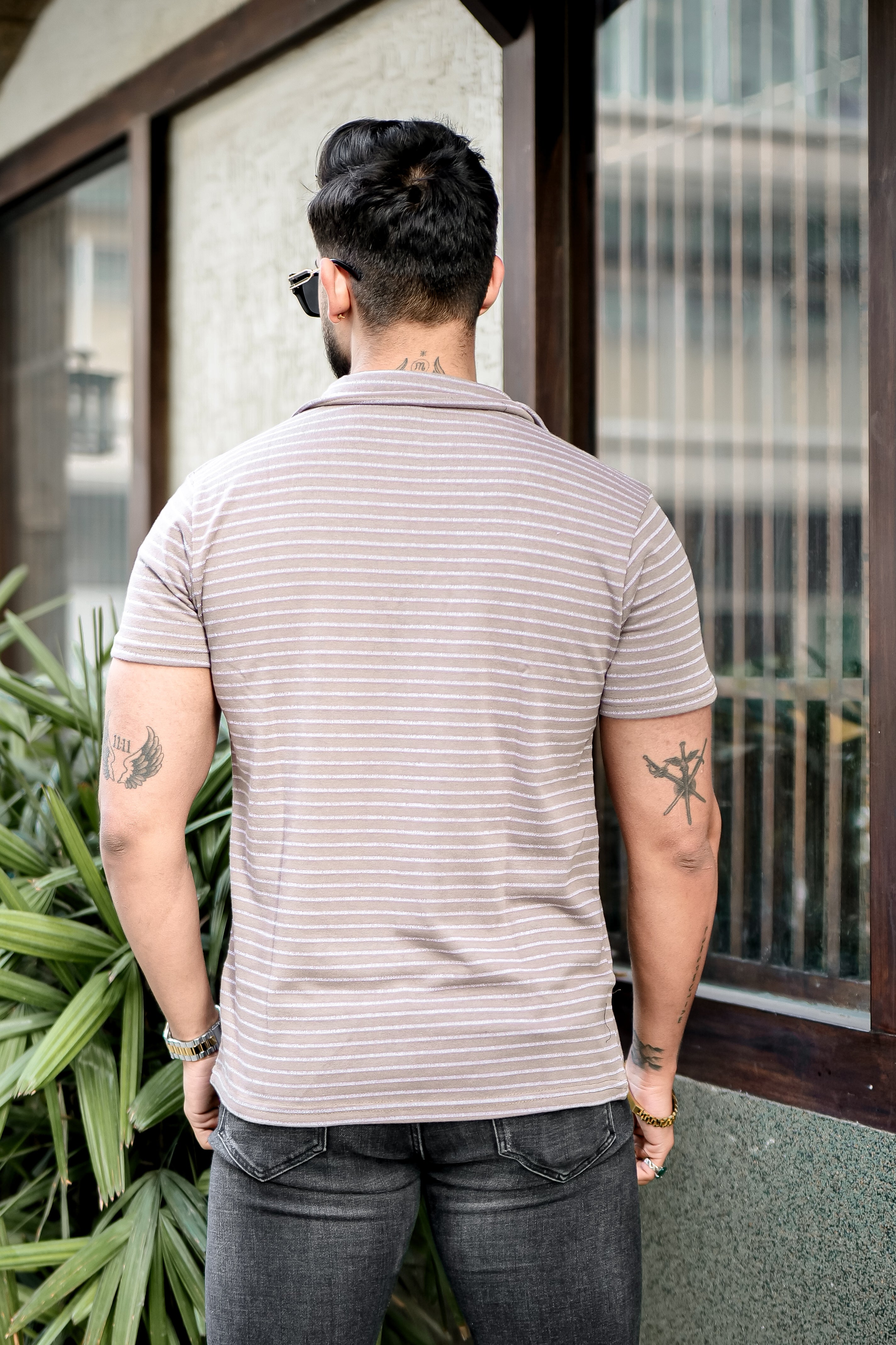 Brown Striper Zipper T-Shirt