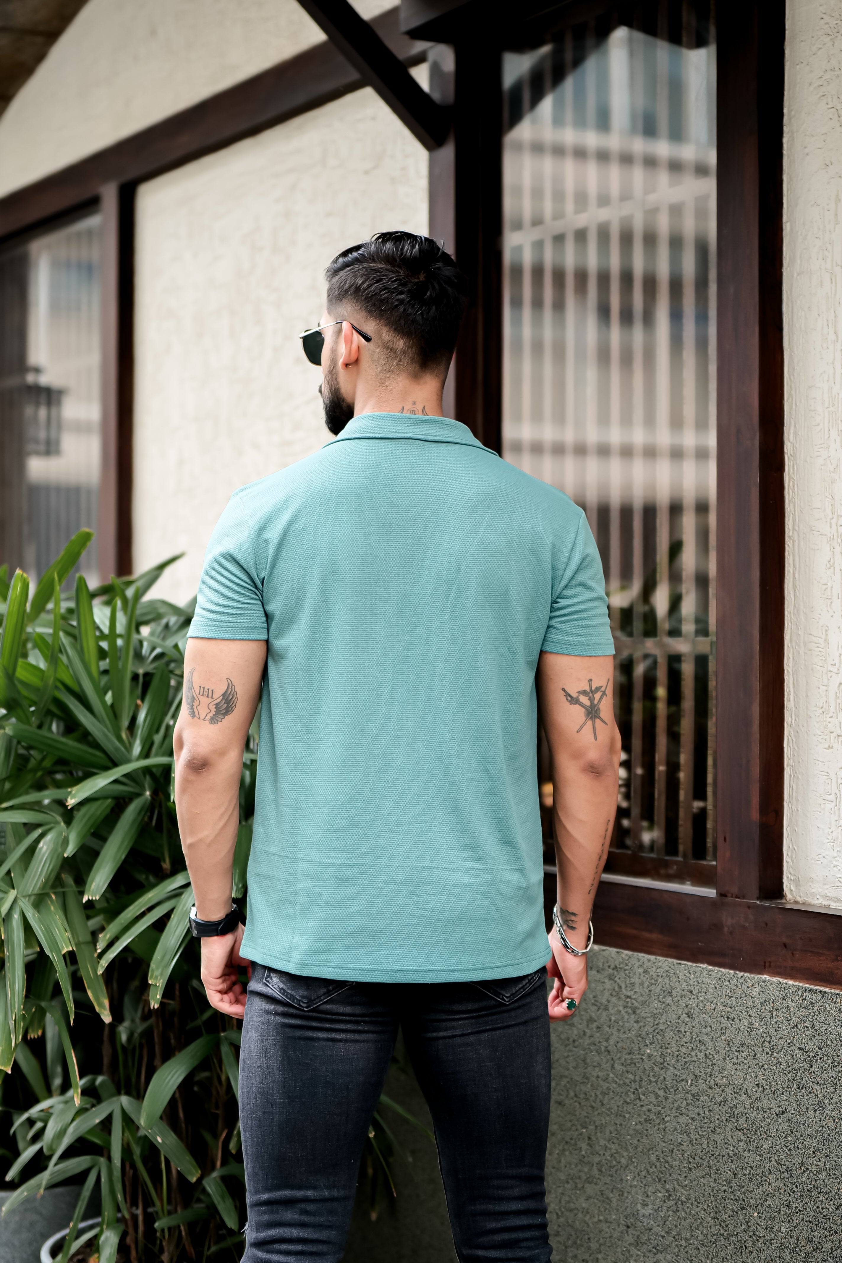 Green Waffle Zipper Neck T-Shirt