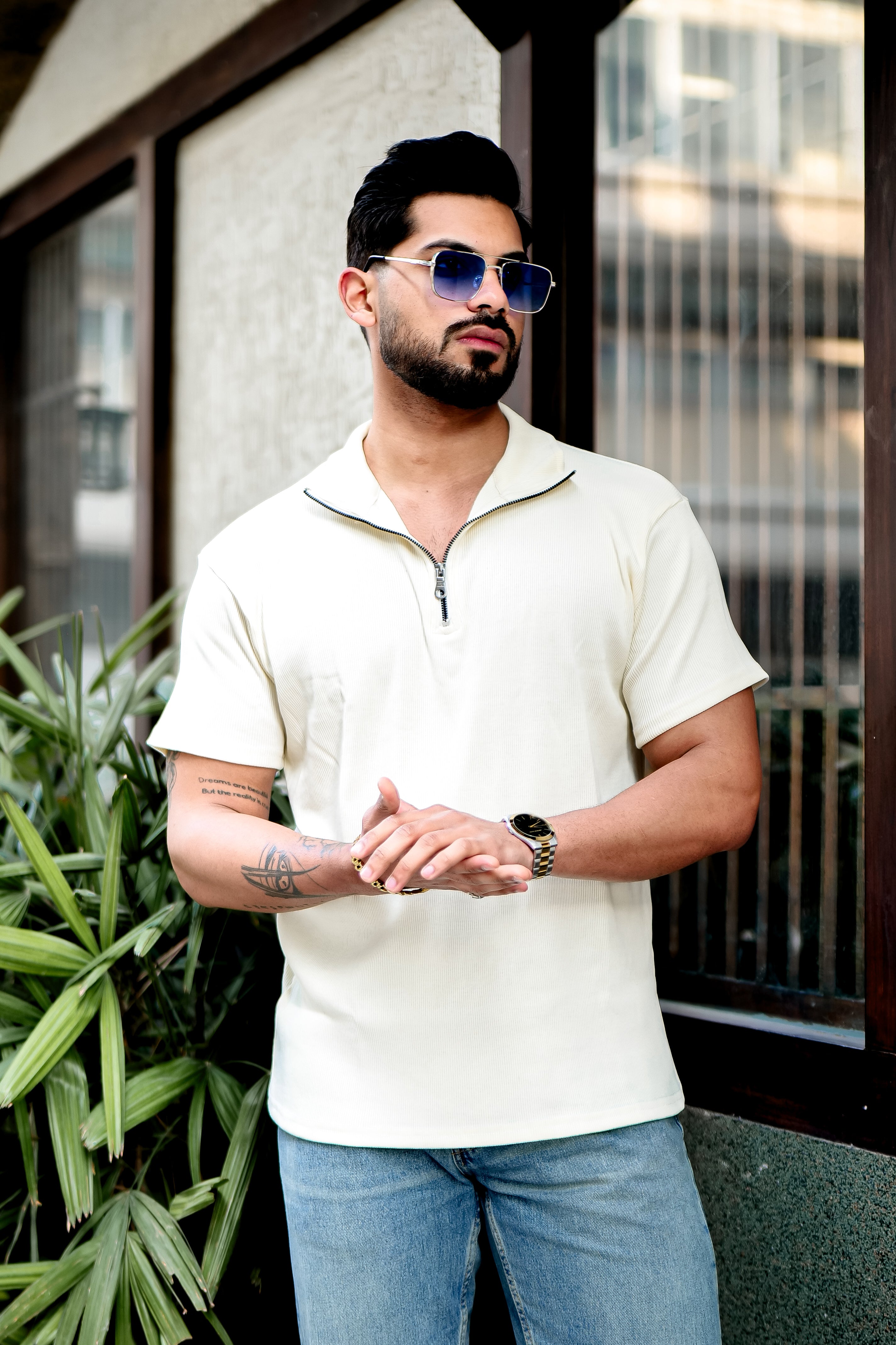 Light Yellow Ribbed Zipper T-Shirt