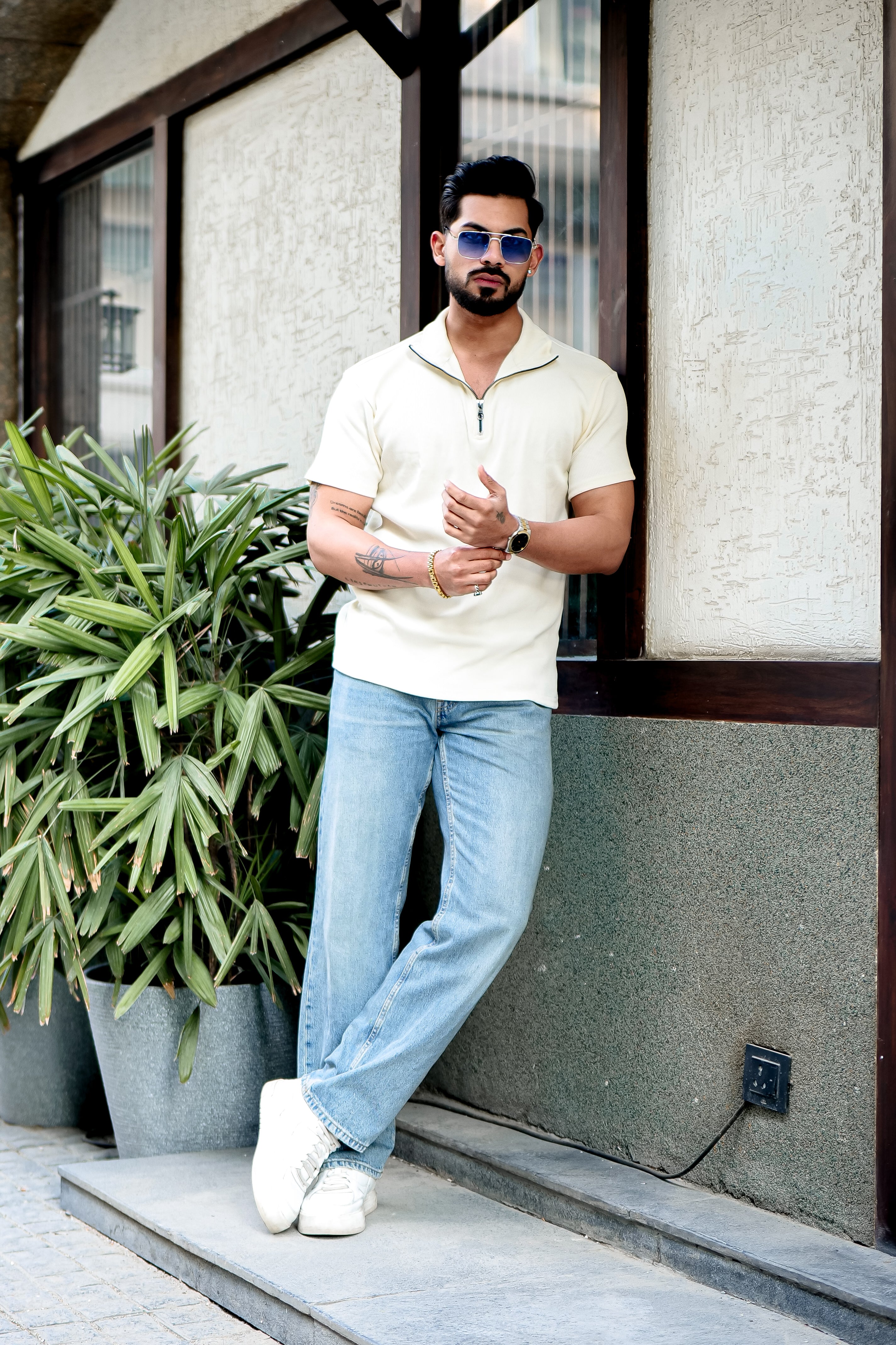 Light Yellow Ribbed Zipper T-Shirt