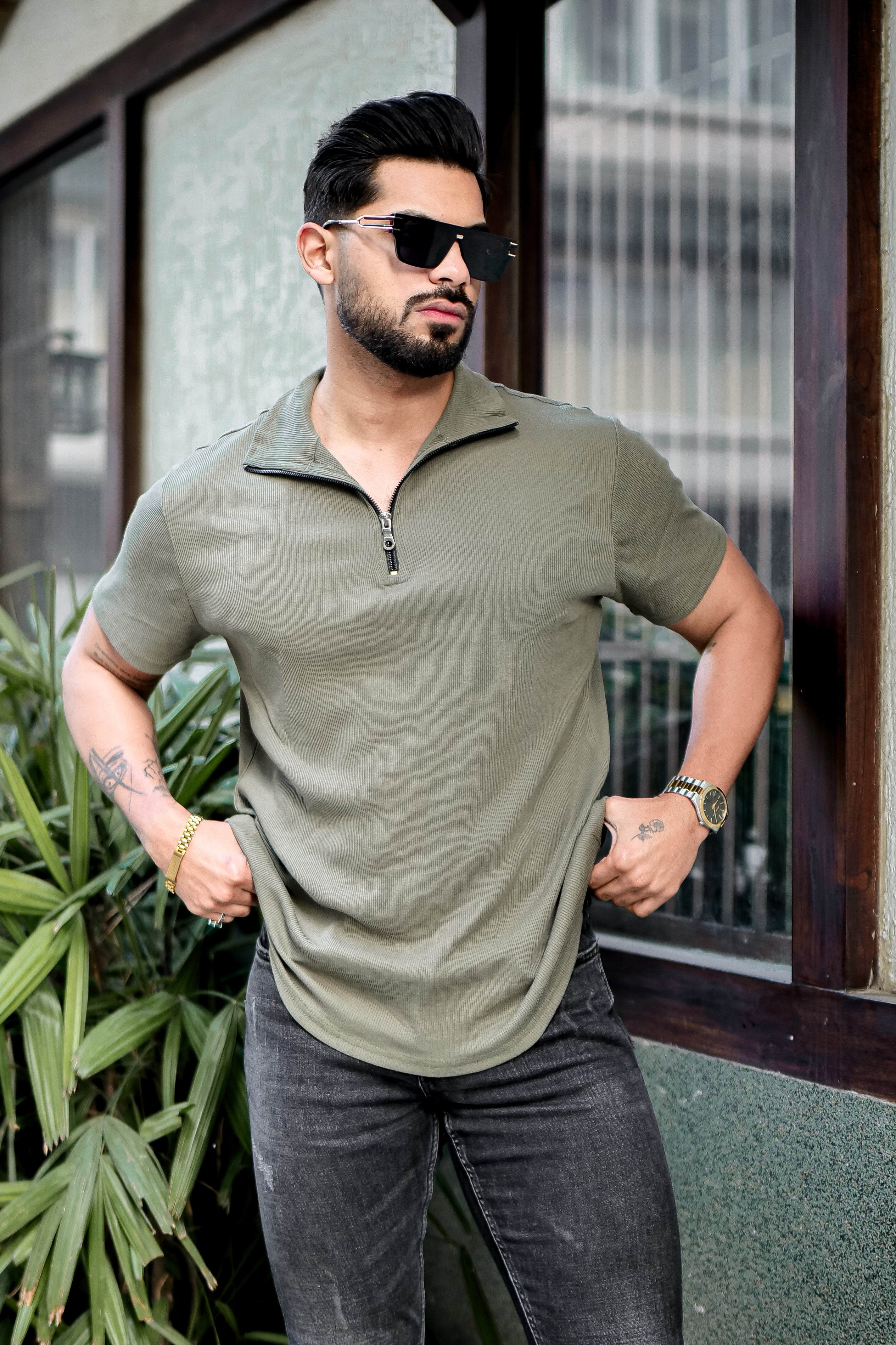 Mint Green Ribbed Zipper T-Shirt