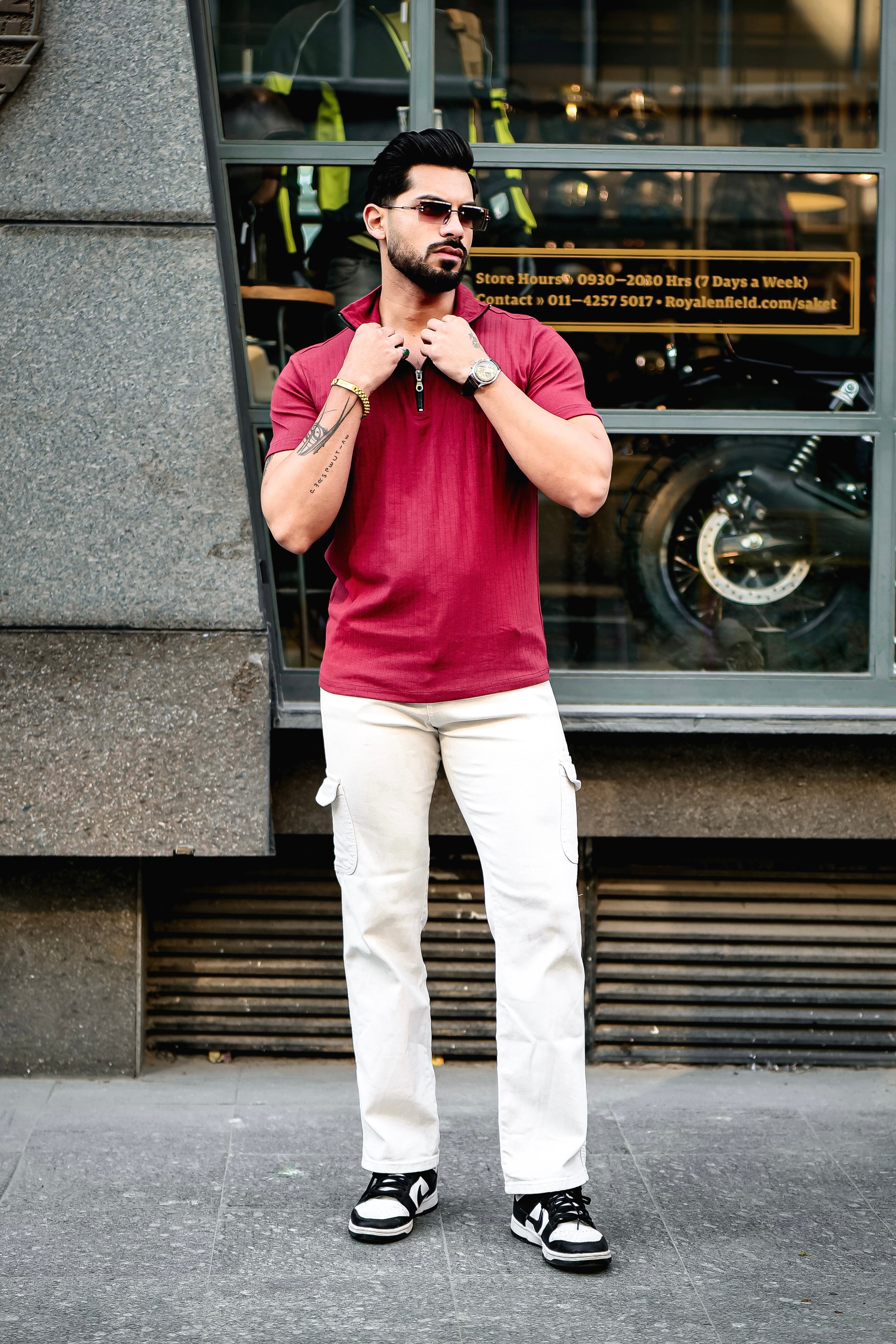 Maroon Self Design Drop Needle Zipper T-Shirt