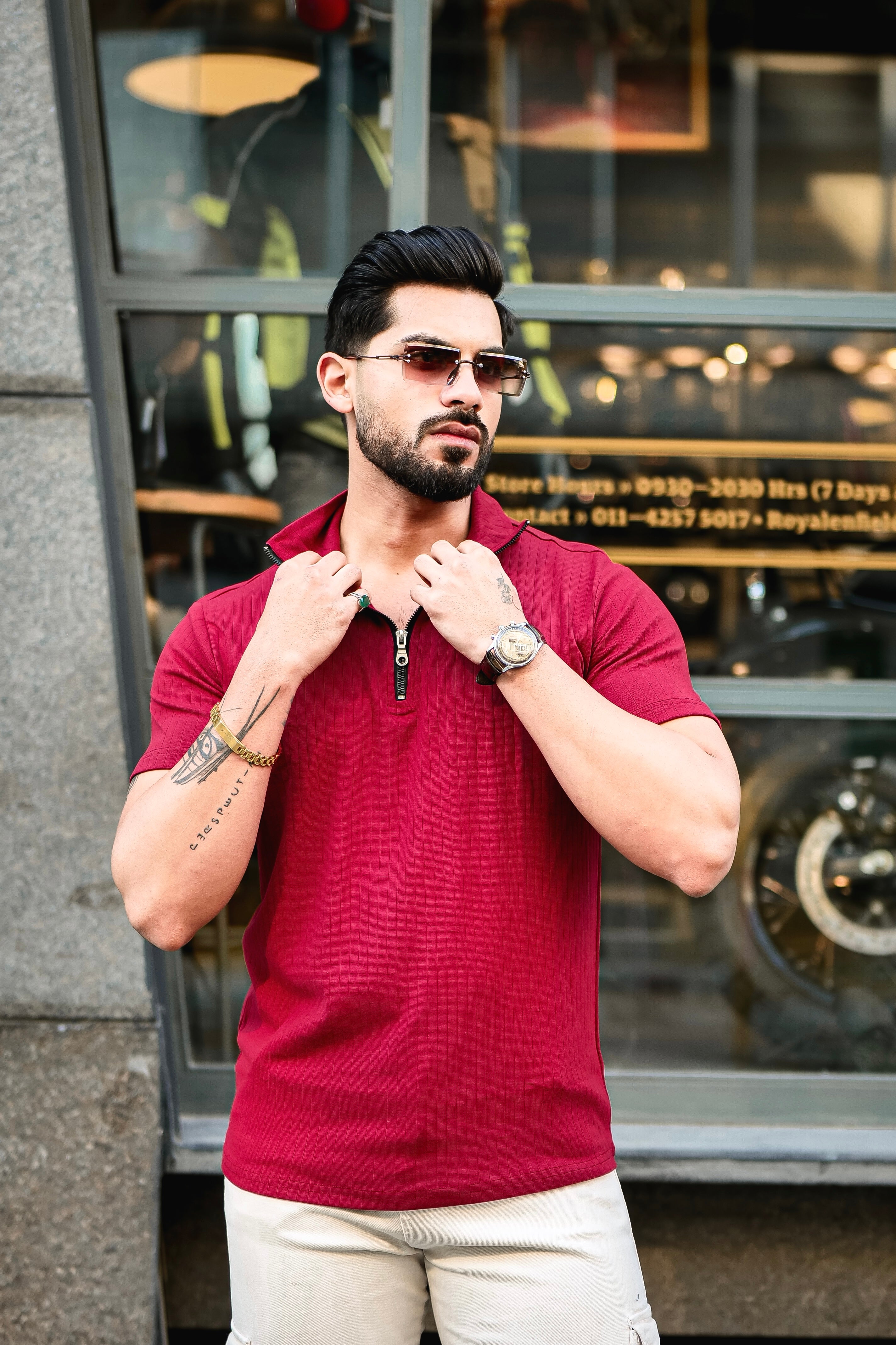 Maroon Self Design Drop Needle Zipper T-Shirt