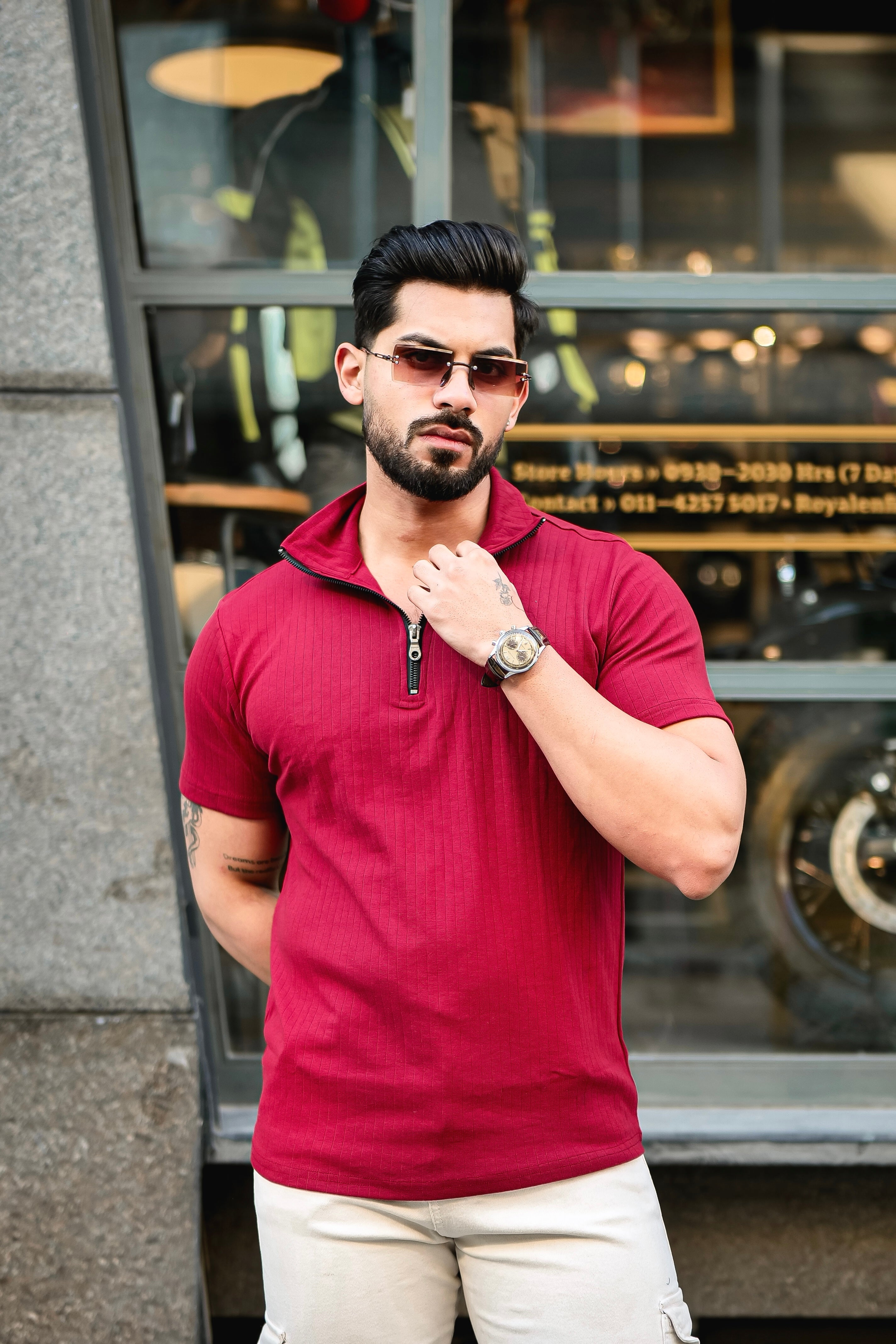 Maroon Self Design Drop Needle Zipper T-Shirt