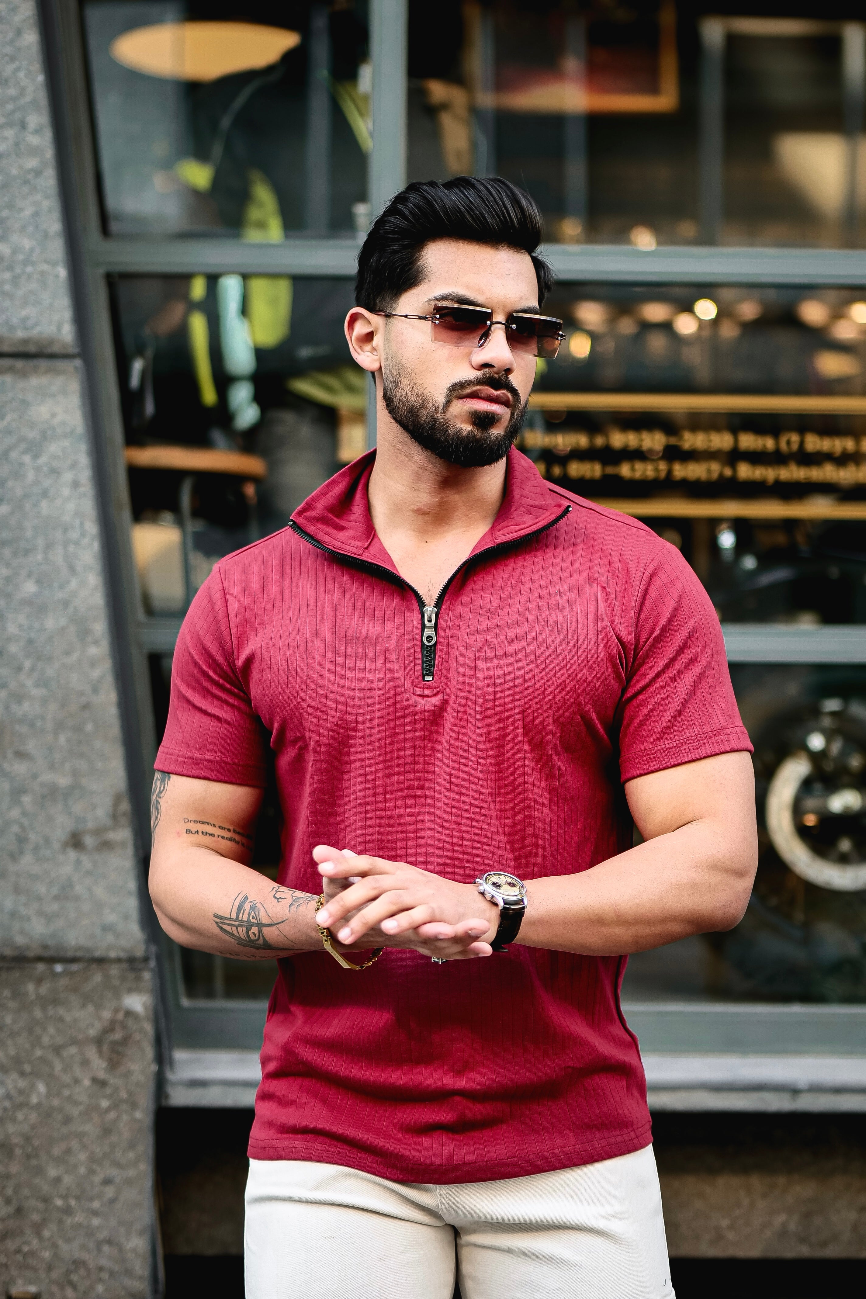 Maroon Self Design Drop Needle Zipper T-Shirt