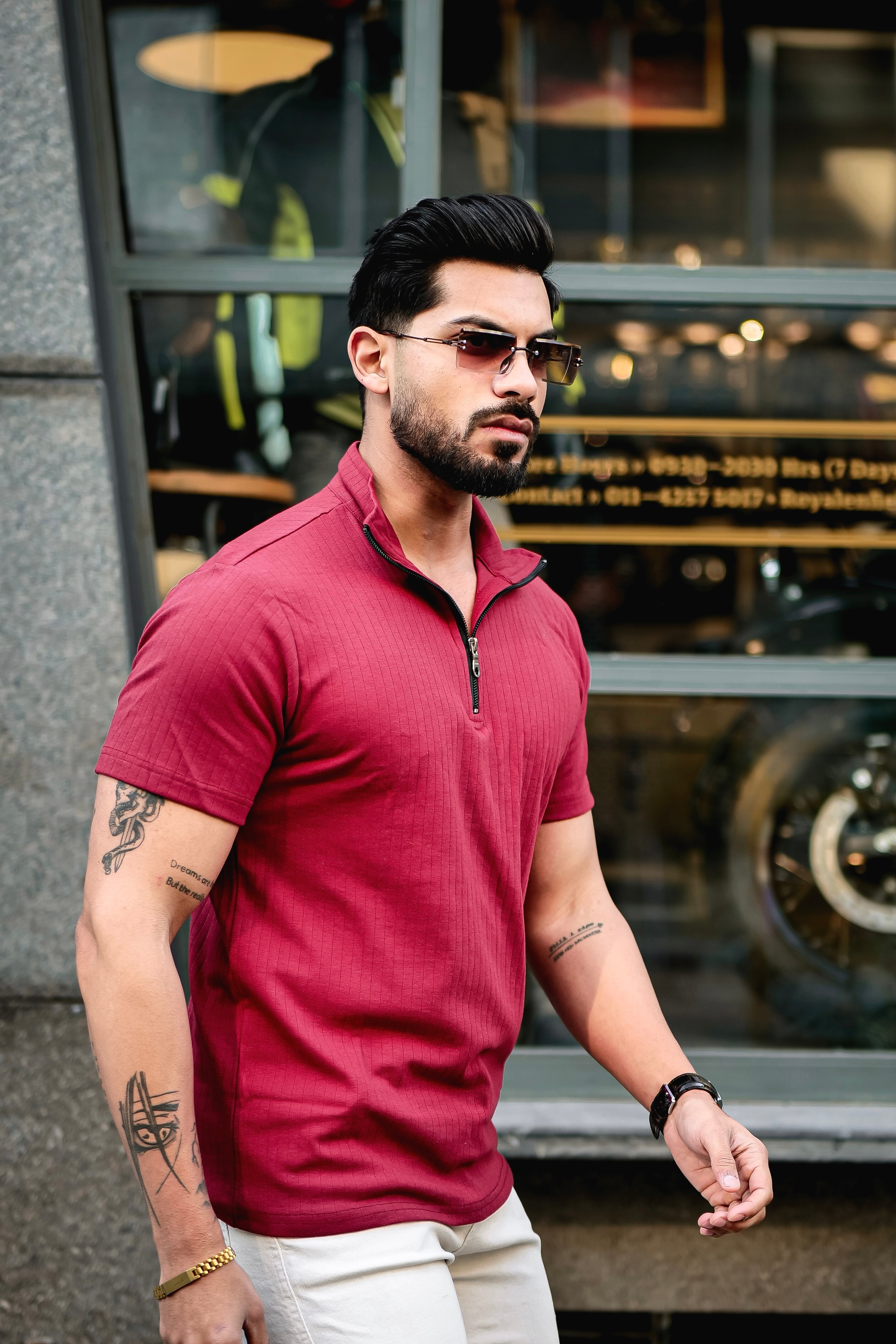 Maroon Self Design Drop Needle Zipper T-Shirt