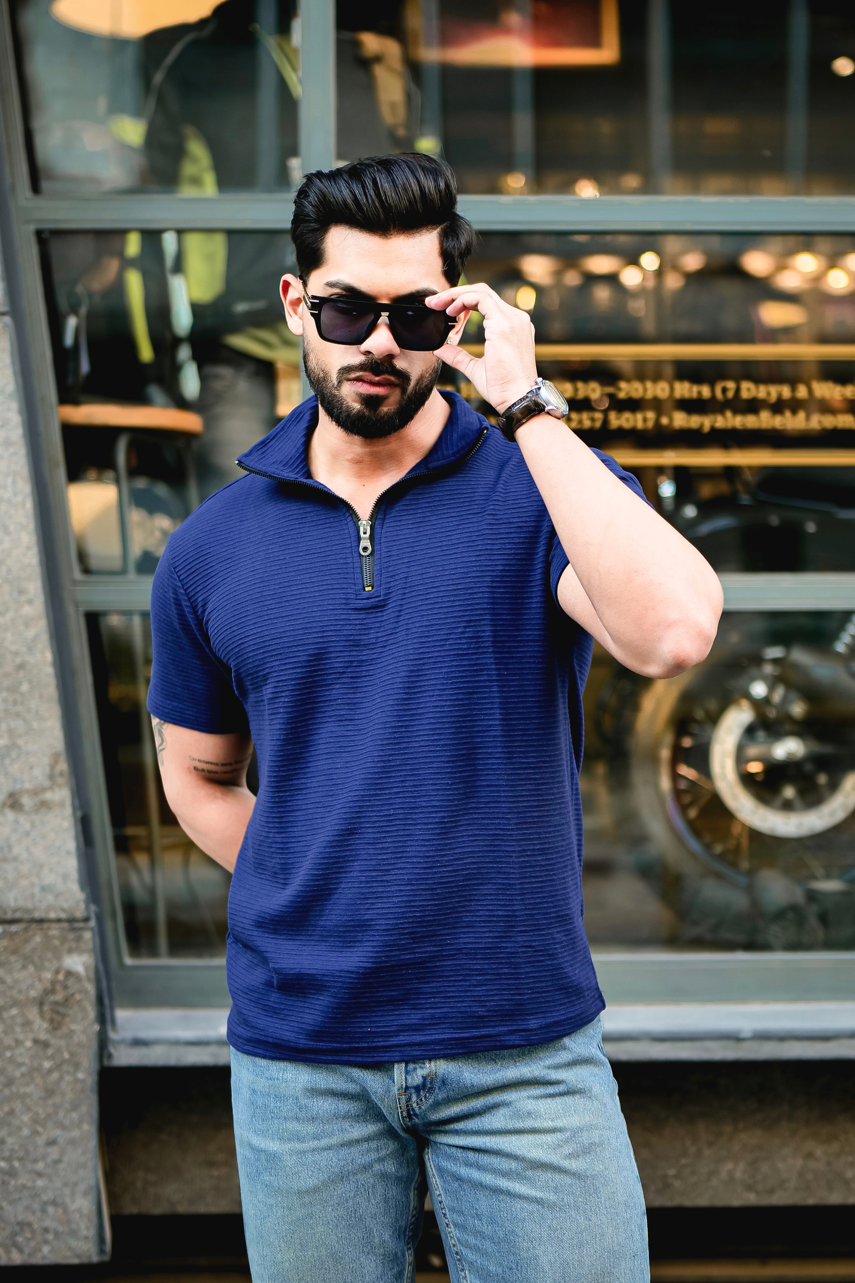 Navy Self Design Zipper T-Shirt