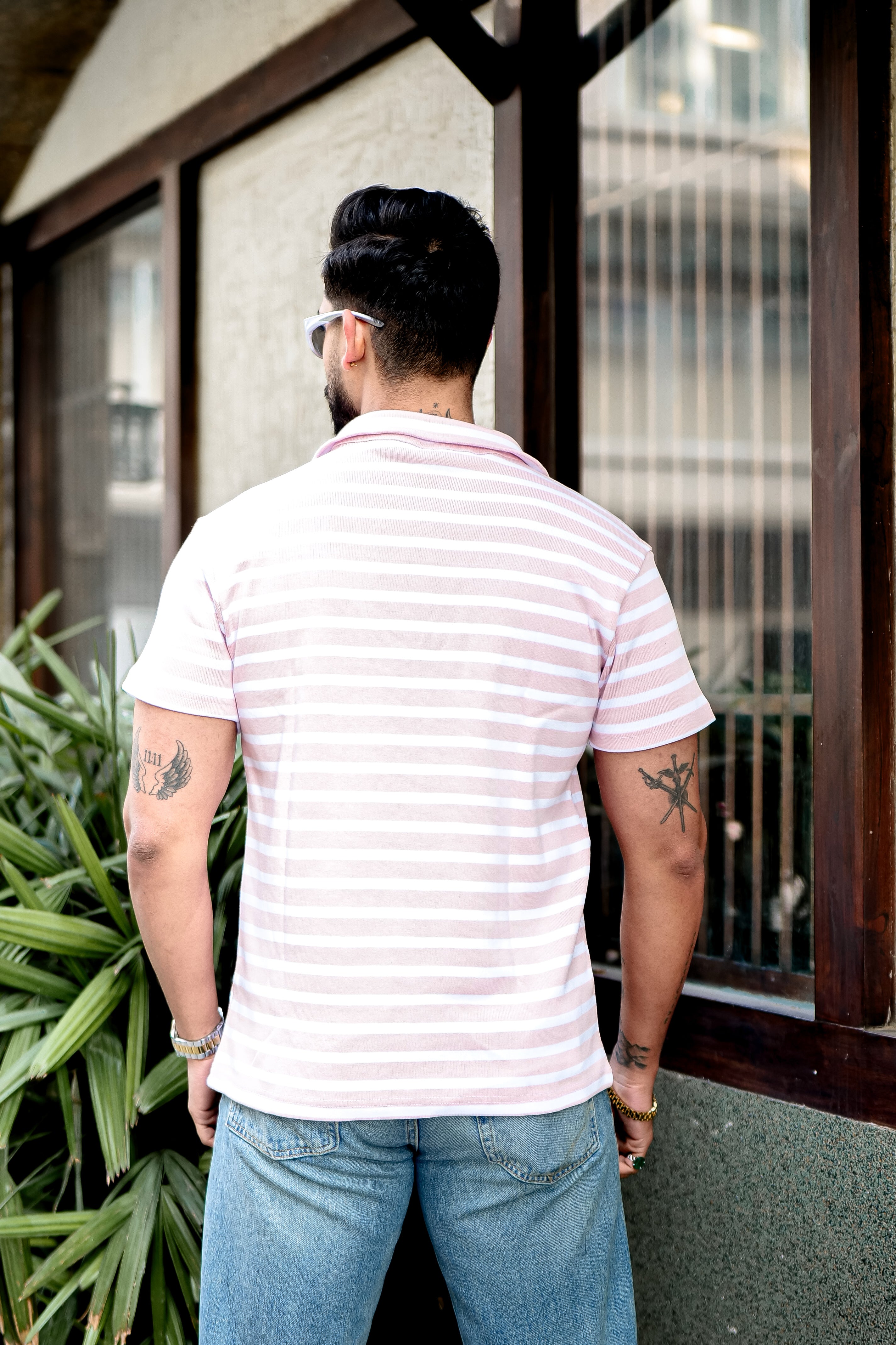 Pink Striper Ribbed Zipper T-Shirt