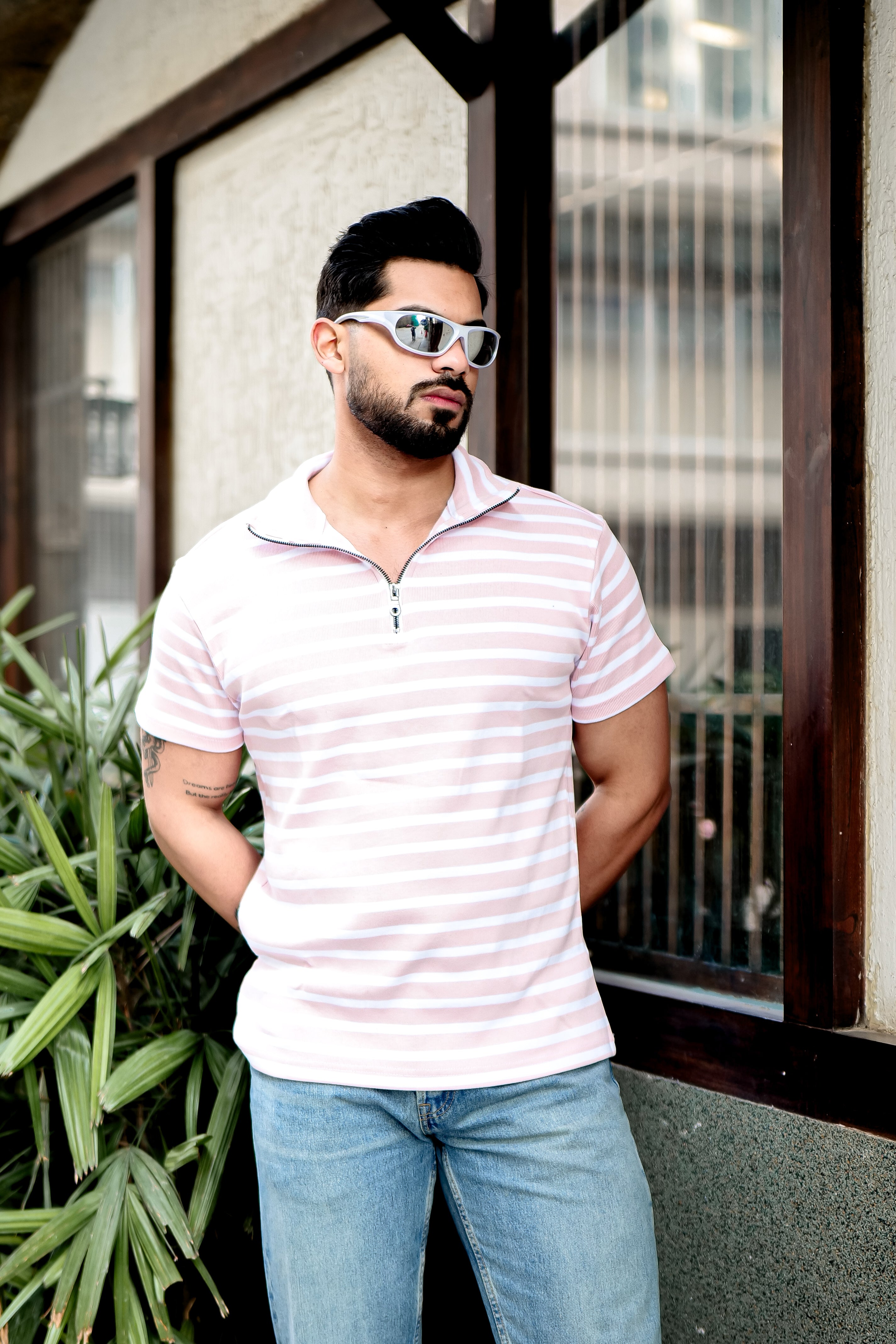 Pink Striper Ribbed Zipper T-Shirt