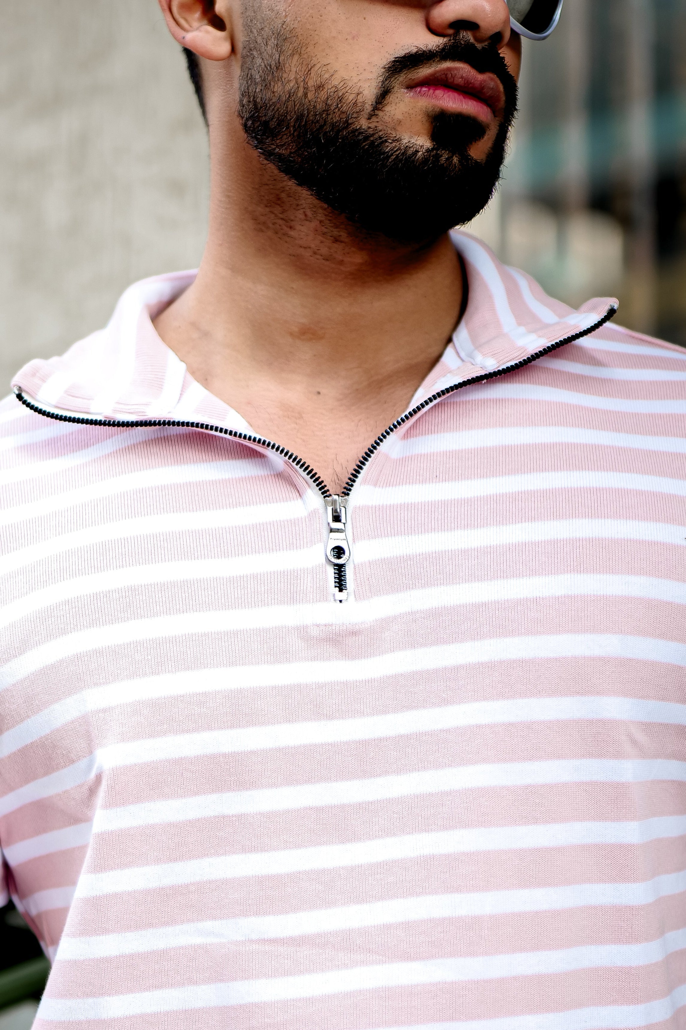 Pink Striper Ribbed Zipper T-Shirt