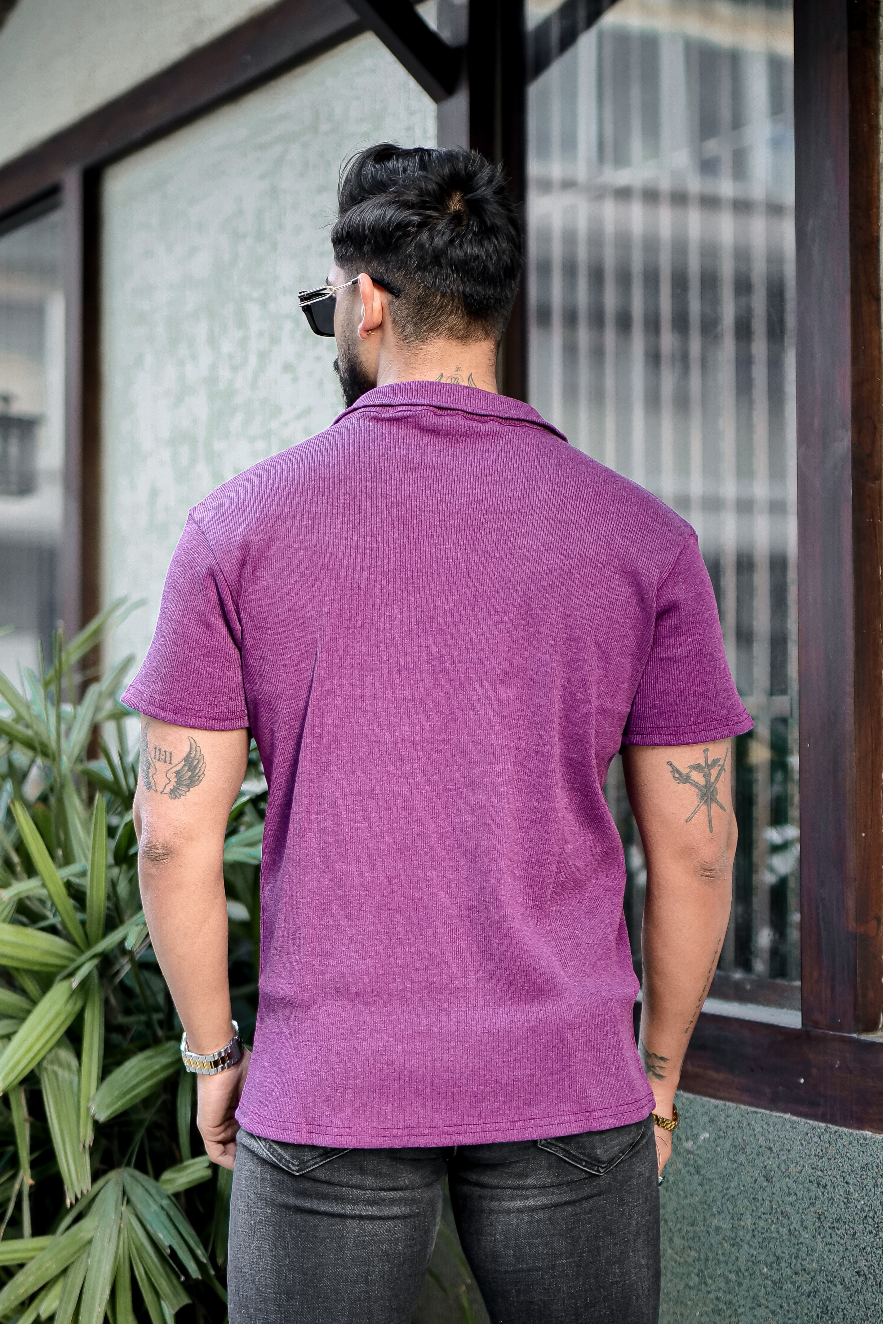 Wine Ribbed Zipper T-Shirt