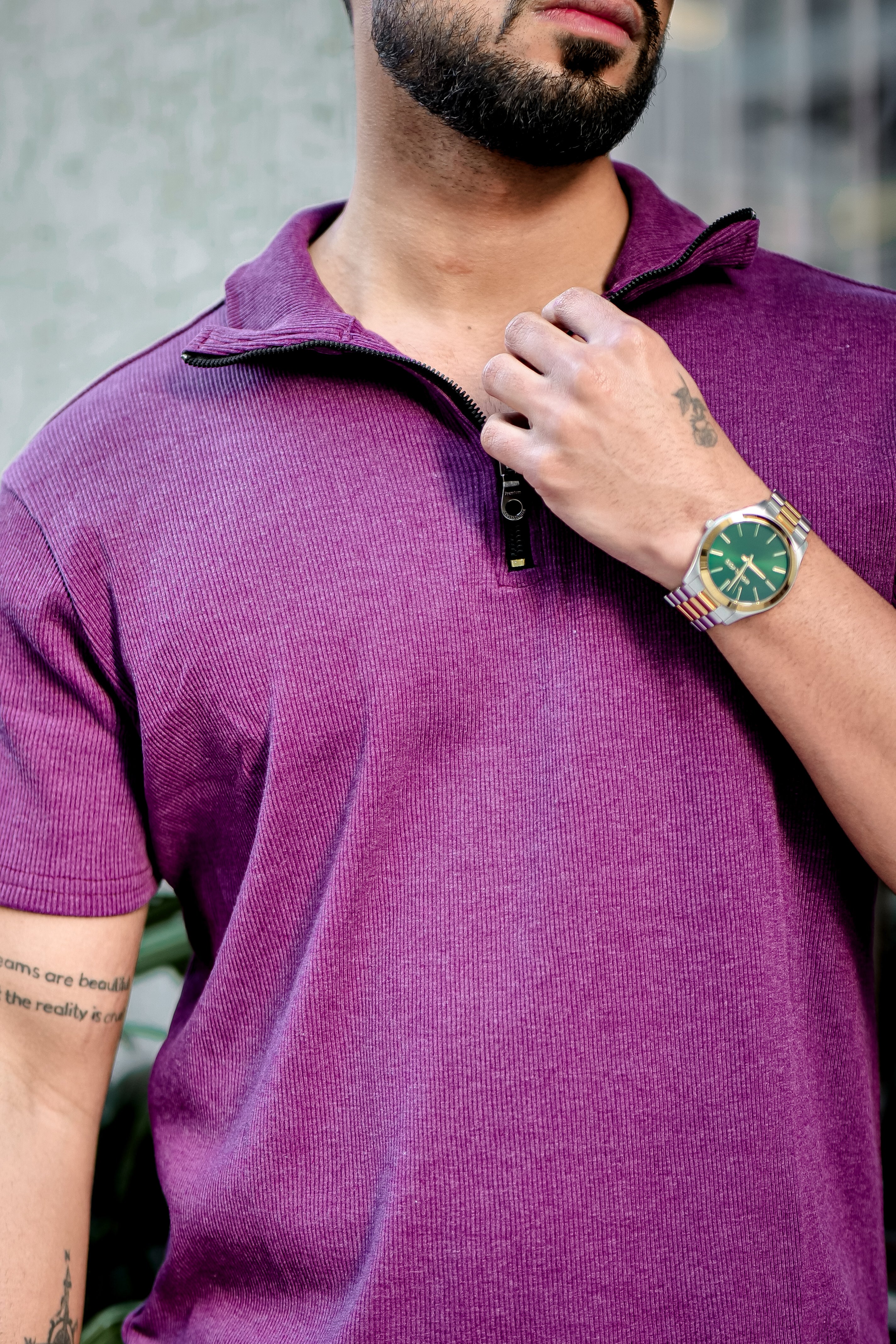 Wine Ribbed Zipper T-Shirt