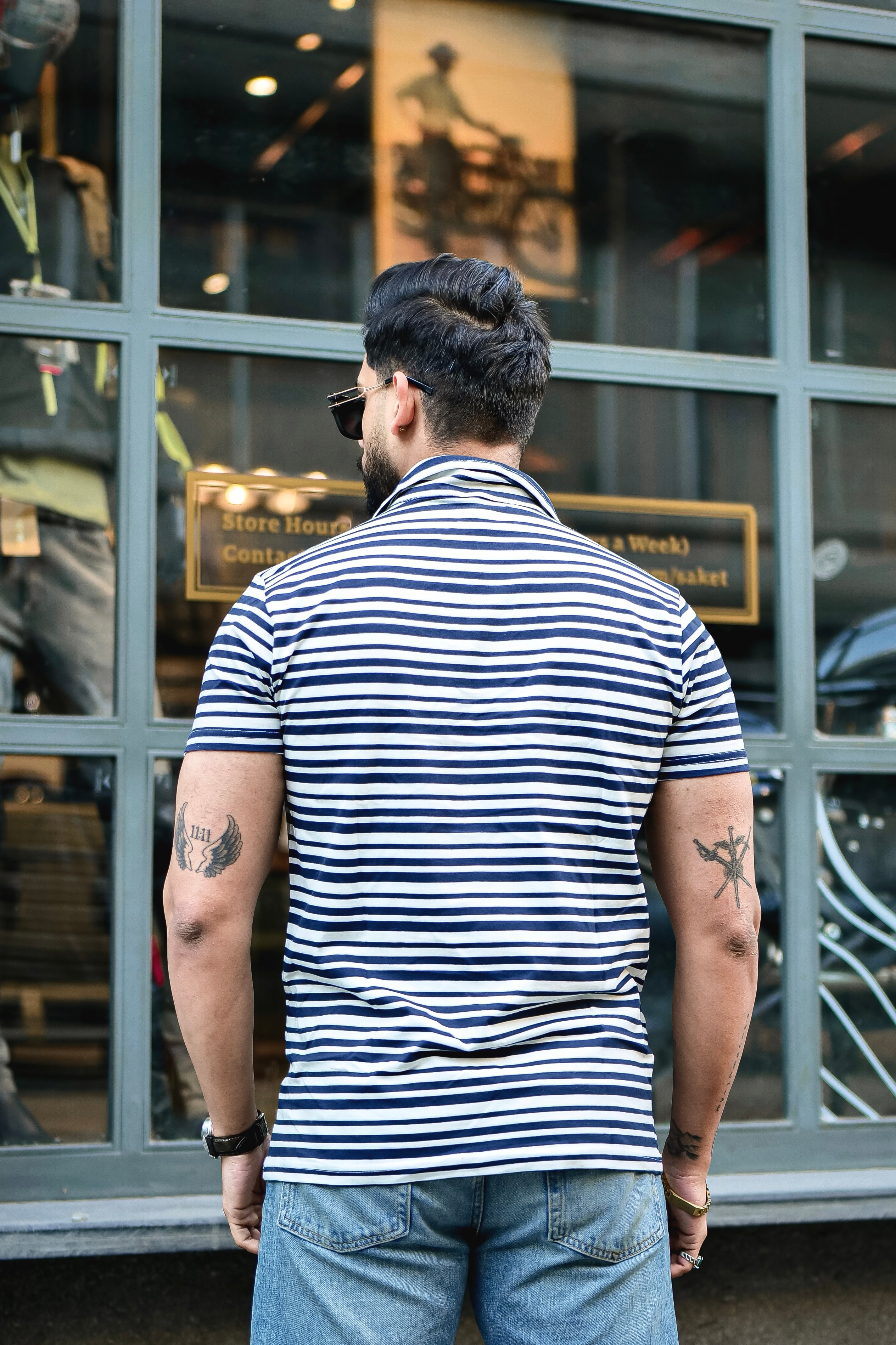 Navy Striped Zipper Self Design T-Shirt