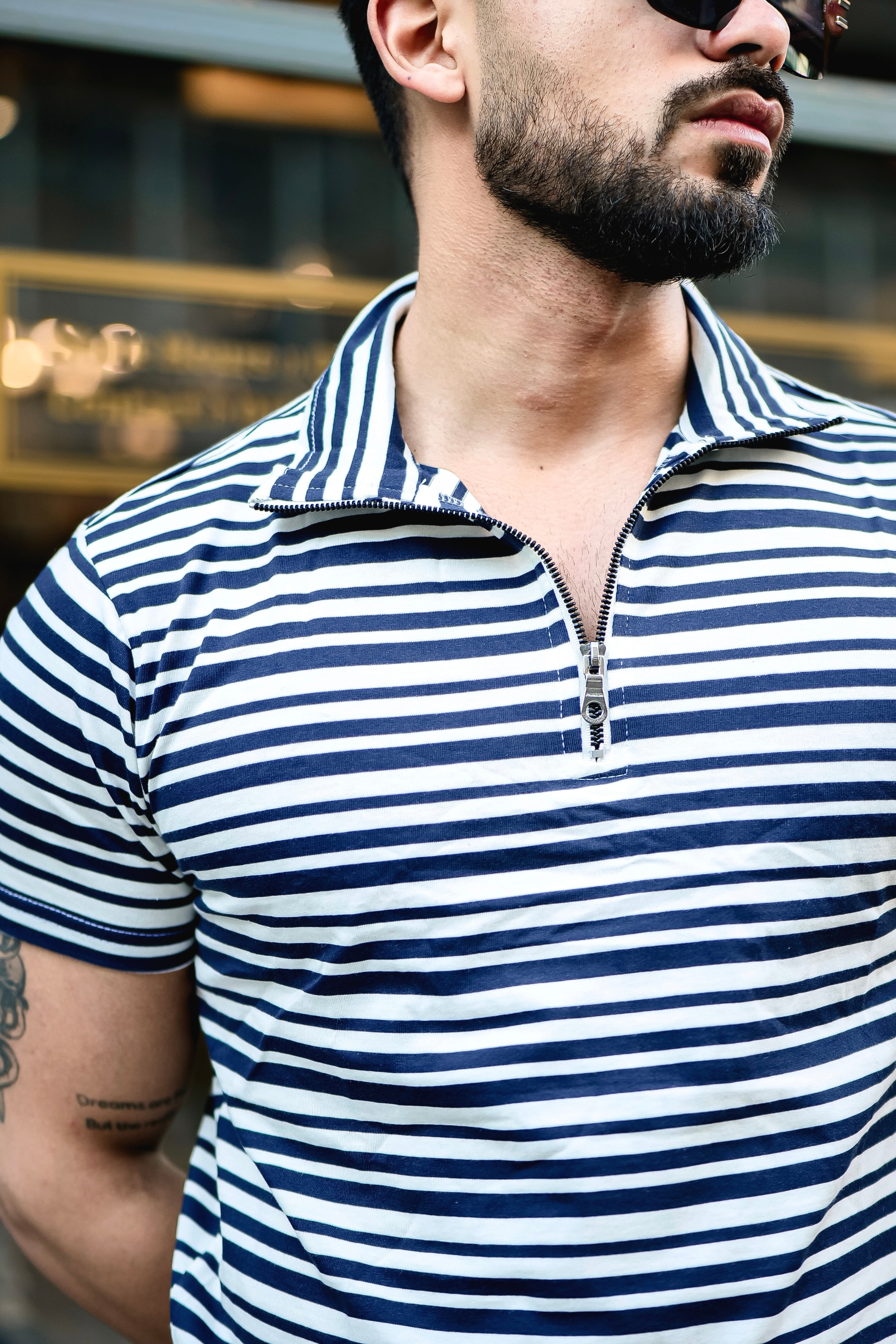 Navy Striped Zipper Self Design T-Shirt