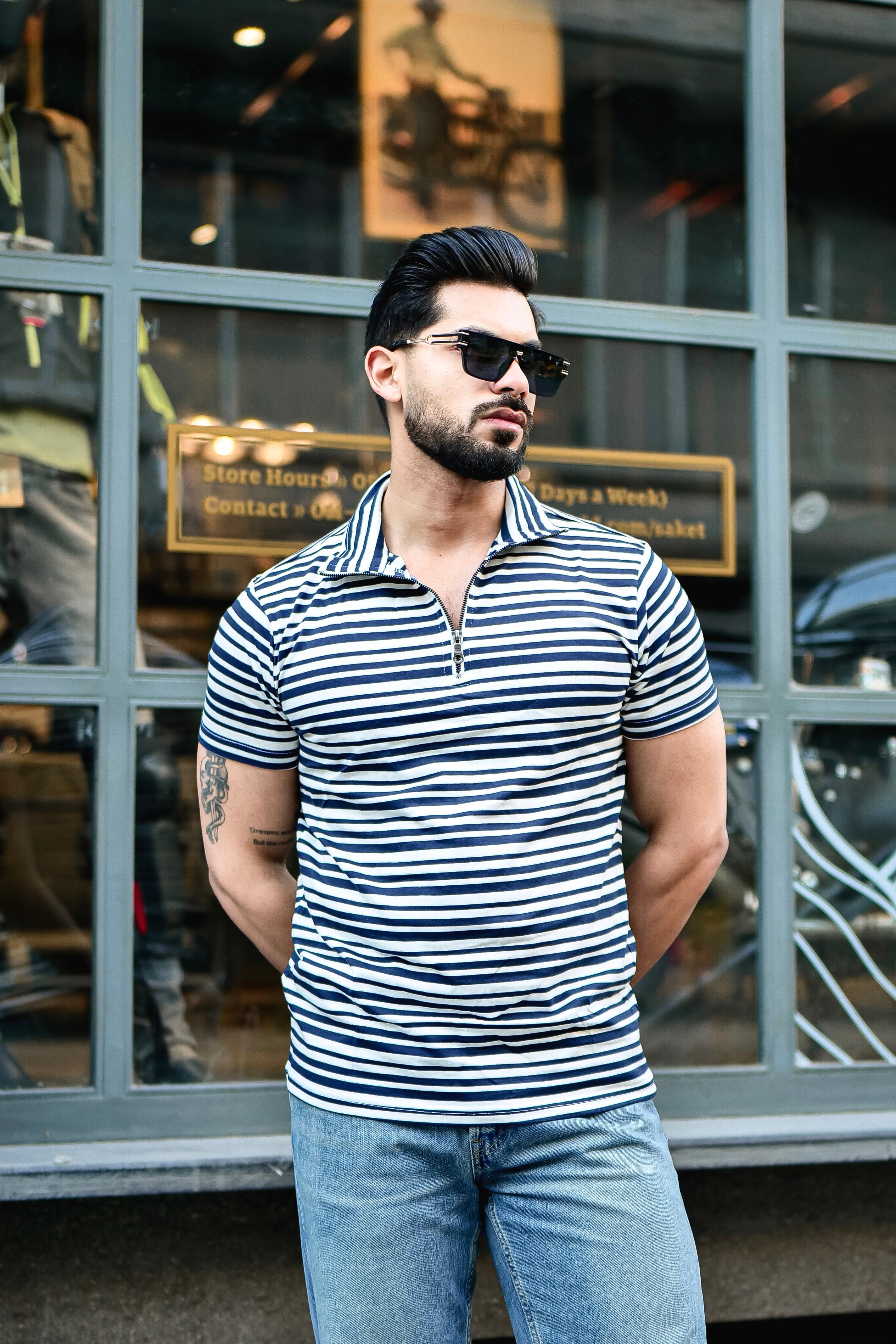 Navy Striped Zipper Self Design T-Shirt