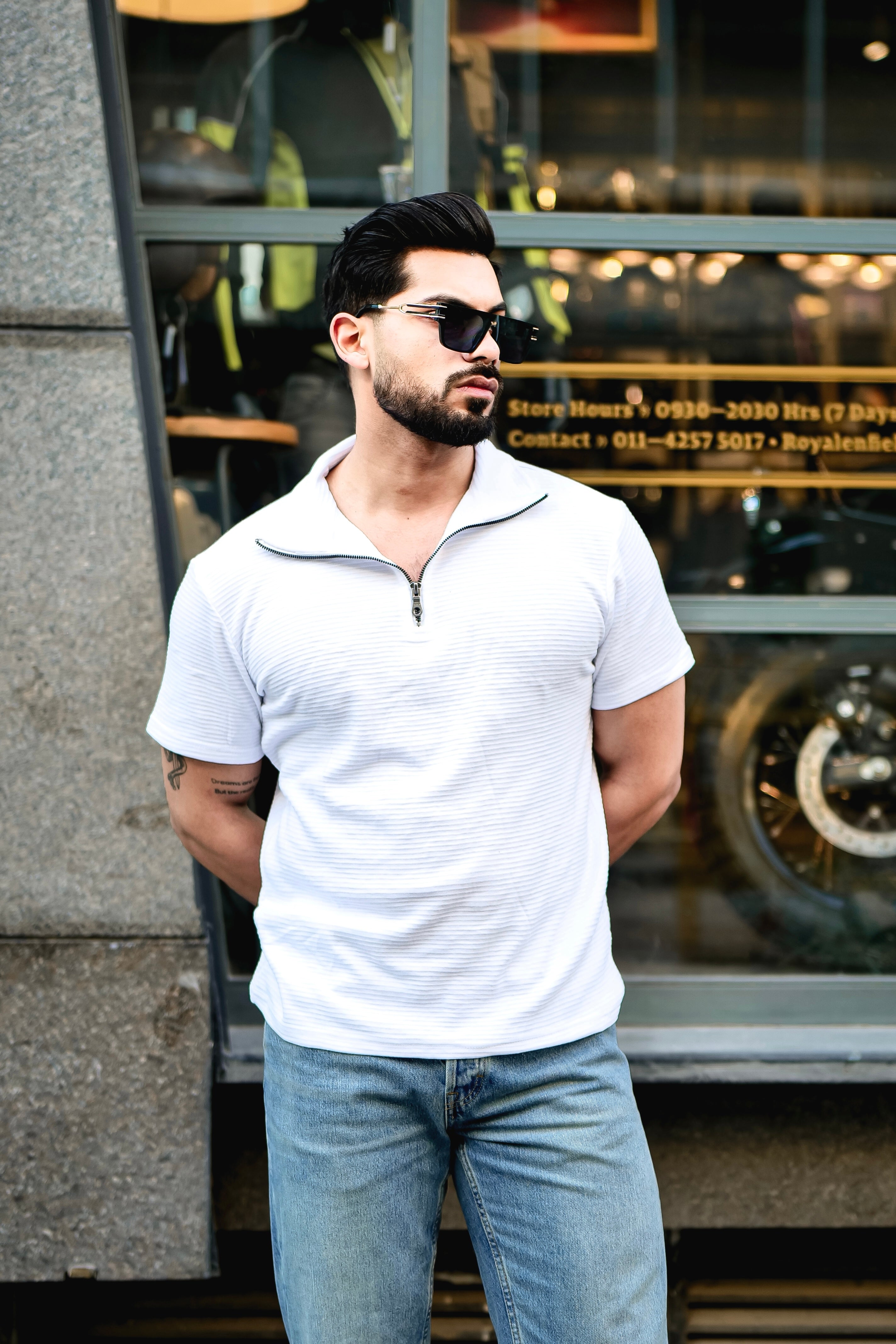 White Self Design Zipper T-Shirt