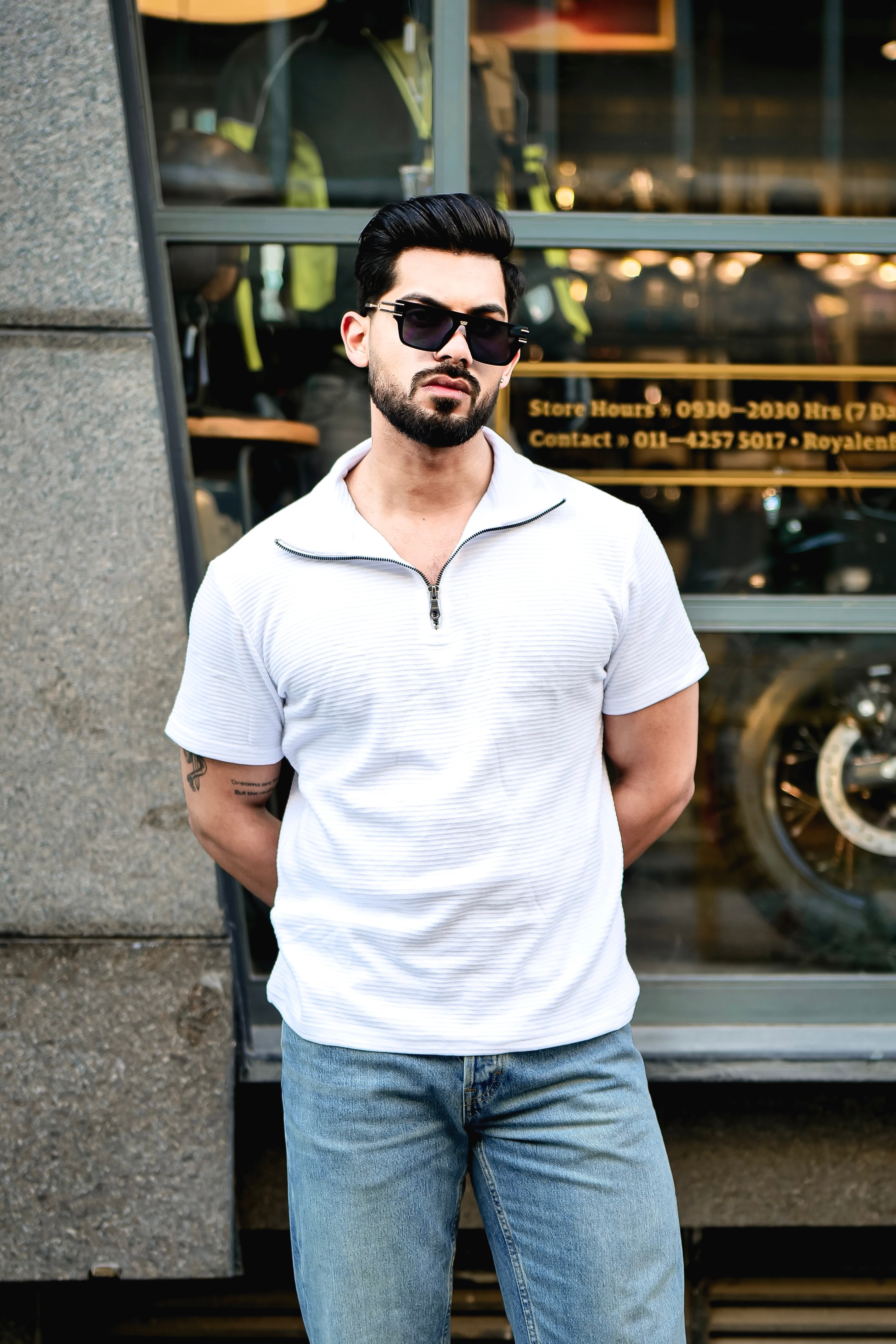 White Self Design Zipper T-Shirt