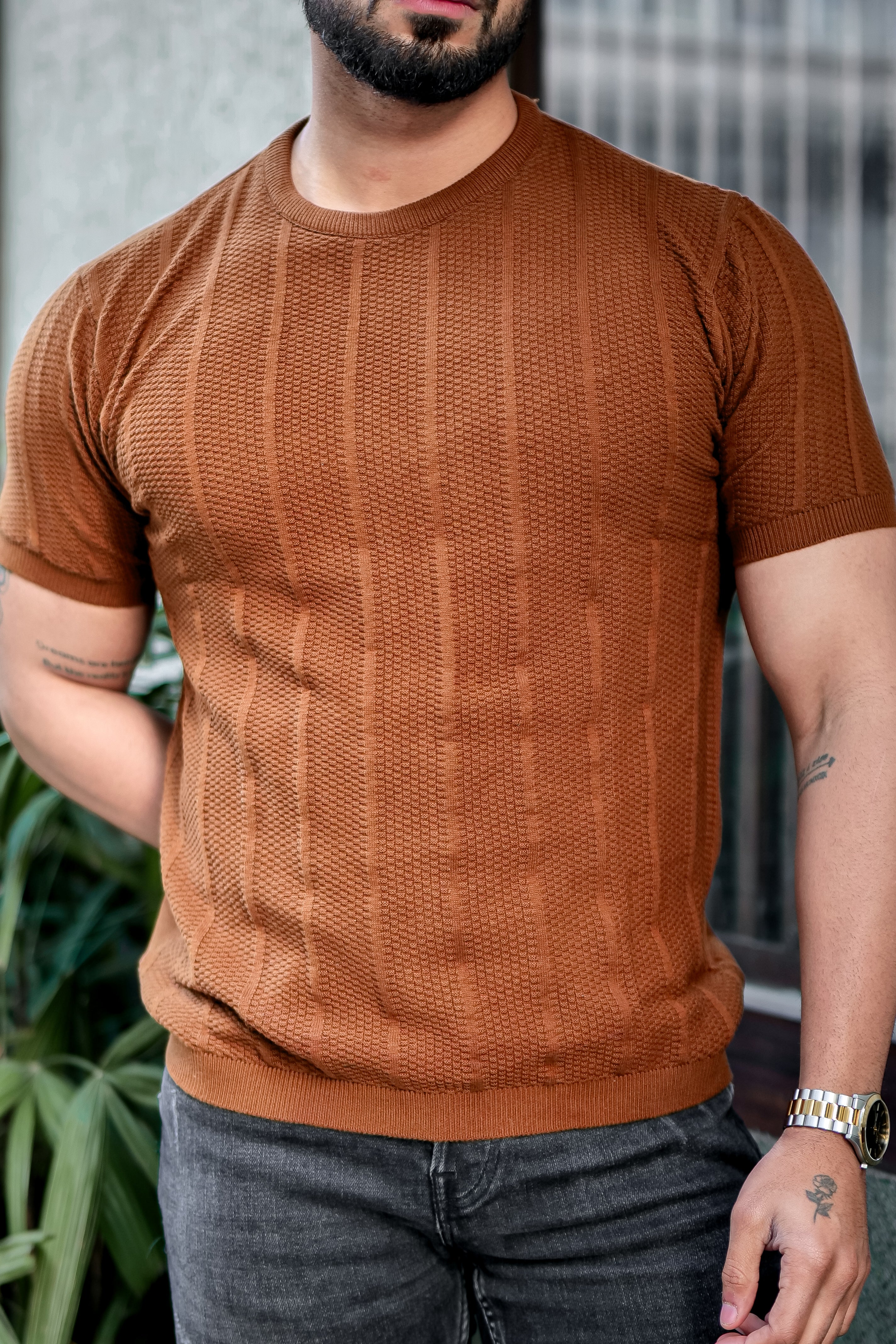 Brown Premium Flat knit Round Neck T-shirt