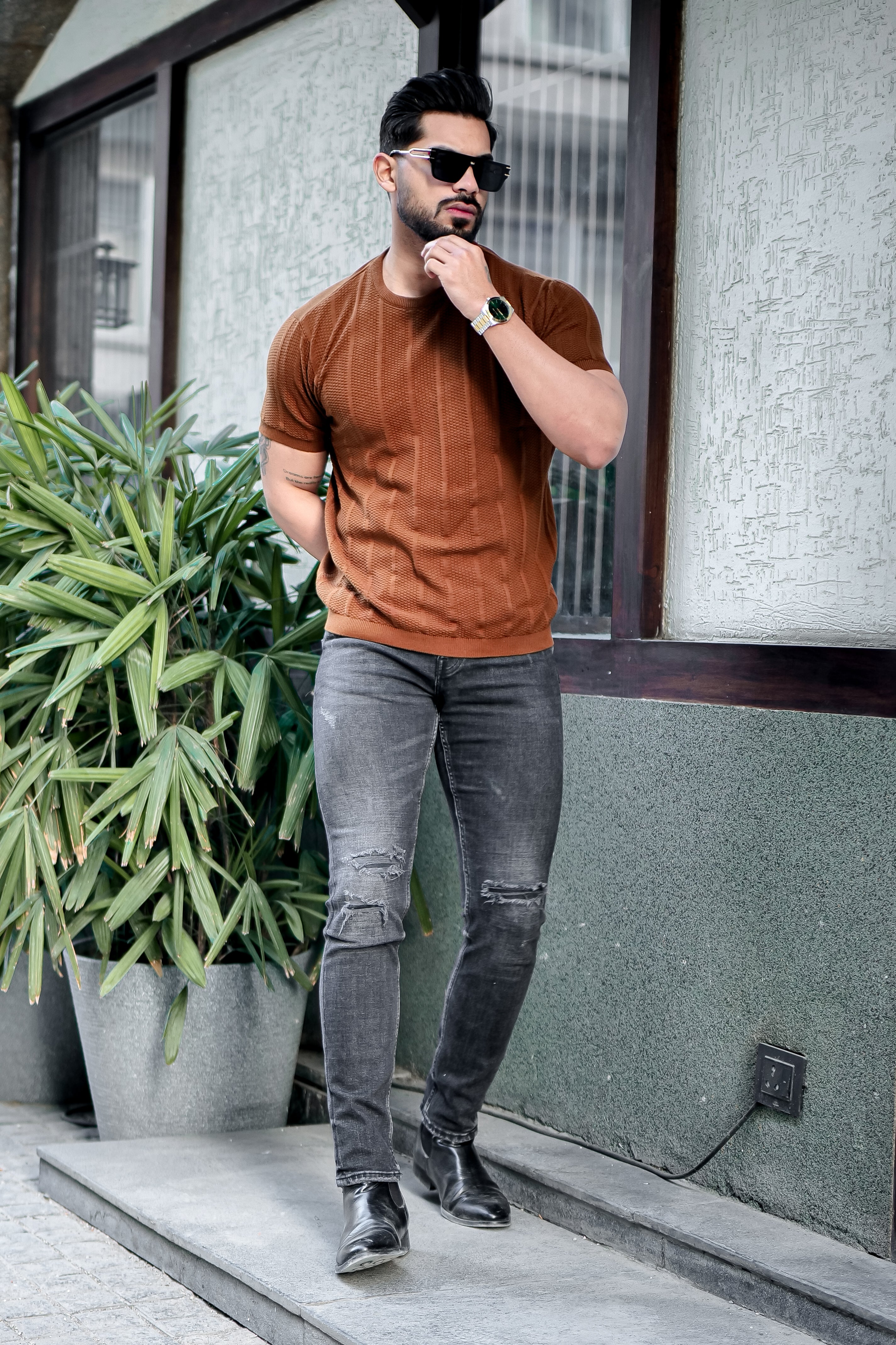 Brown Premium Flat knit Round Neck T-shirt