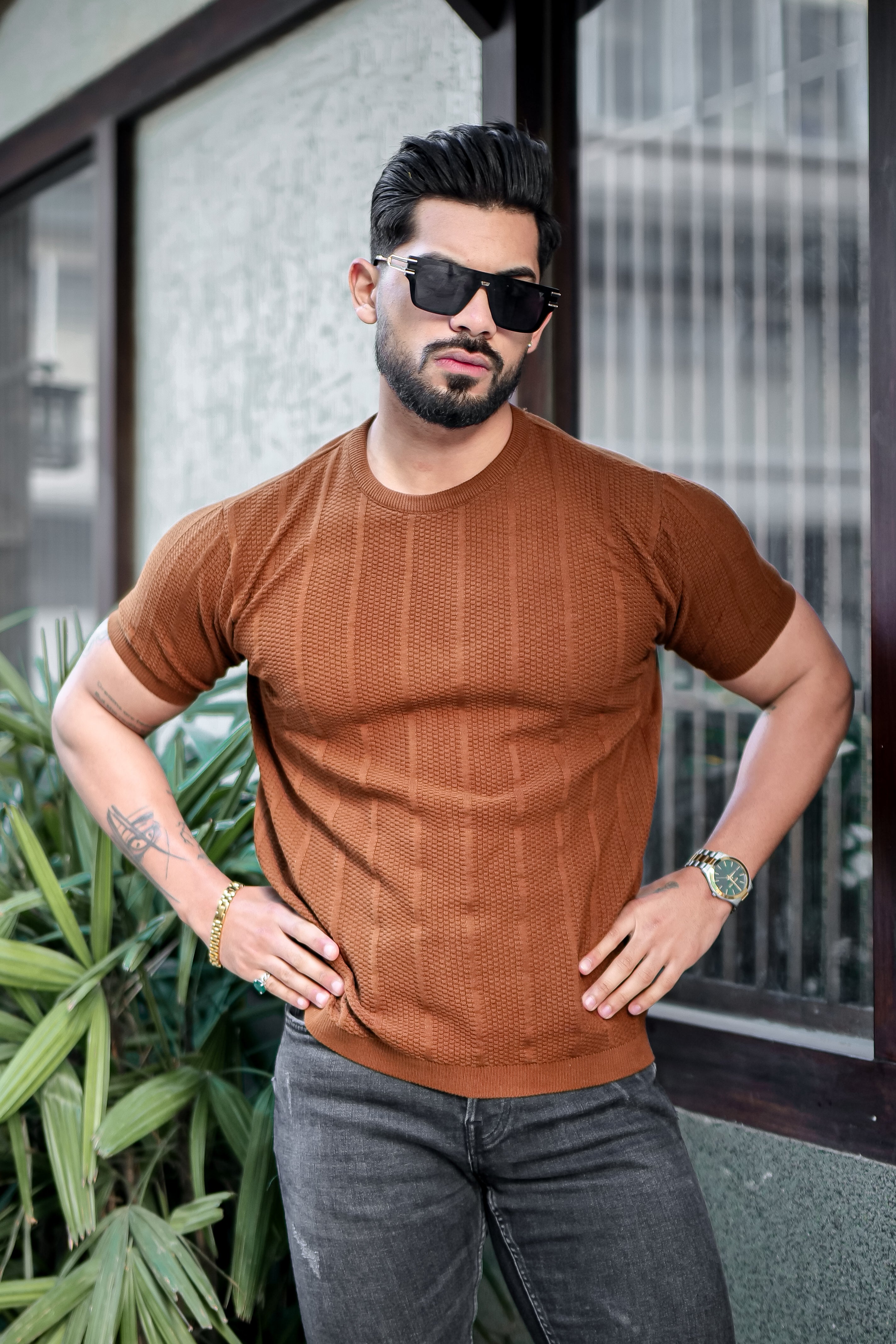 Brown Premium Flat knit Round Neck T-shirt