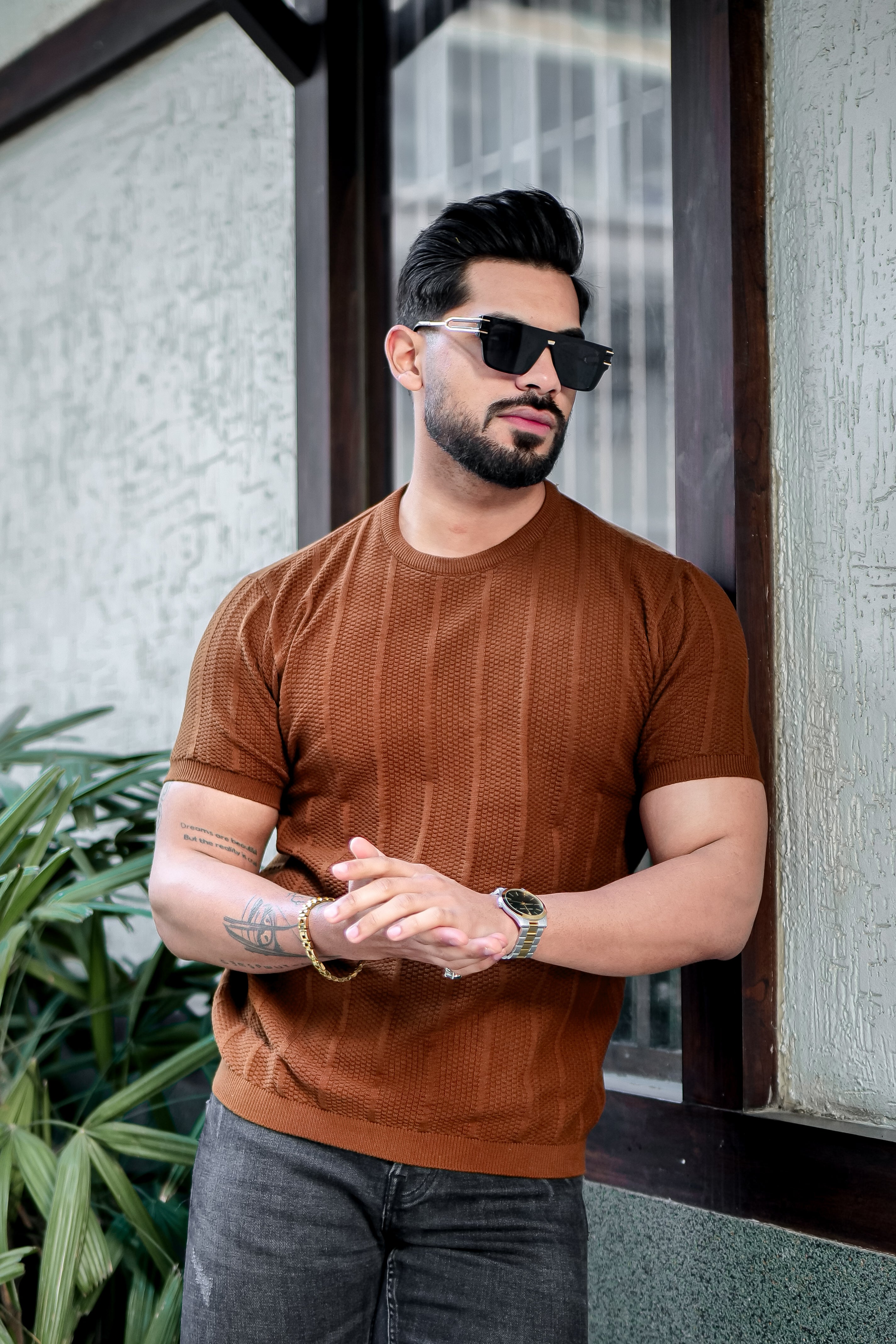 Brown Premium Flat knit Round Neck T-shirt