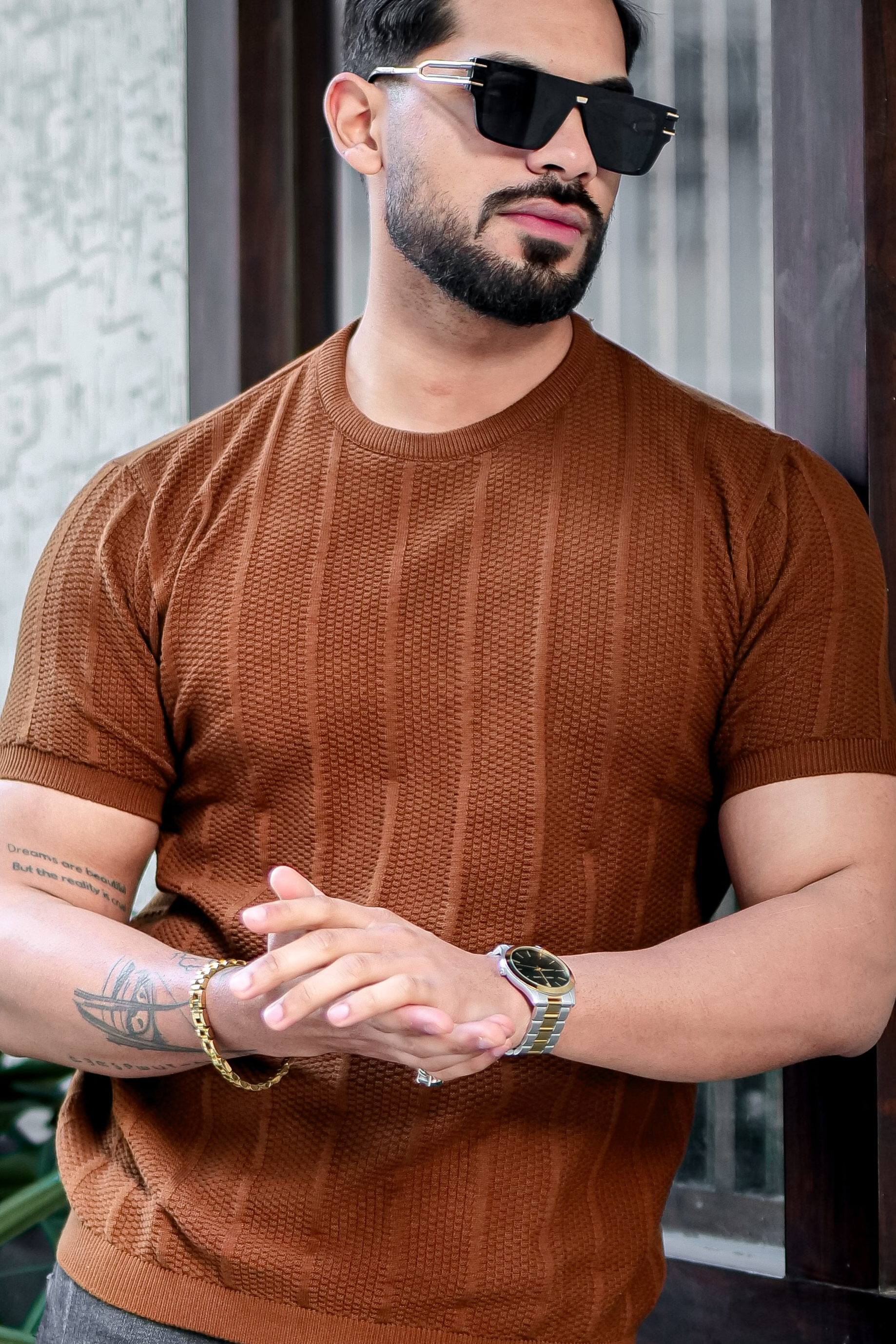 Brown Premium Flat knit Round Neck T-shirt