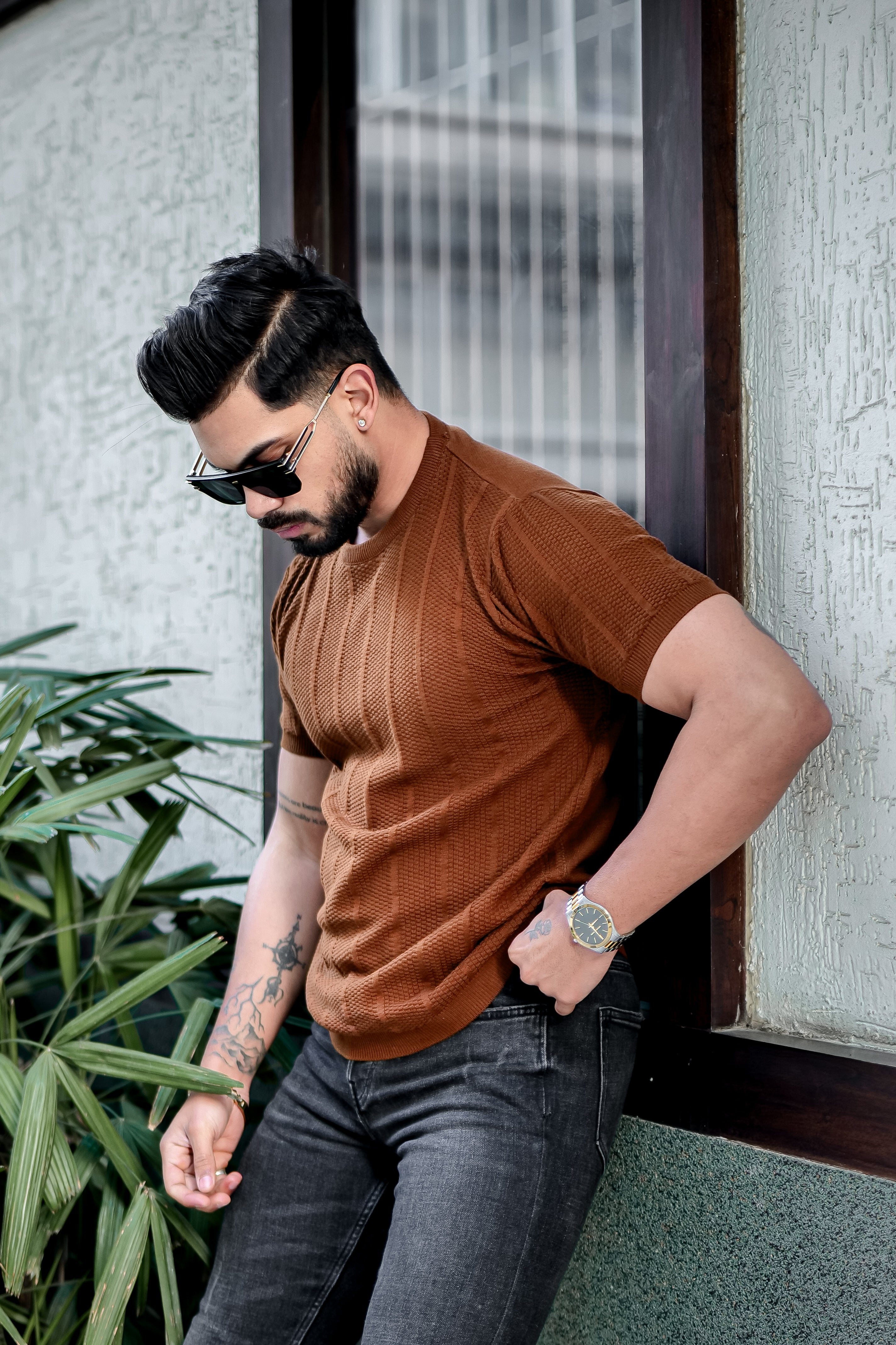 Brown Premium Flat knit Round Neck T-shirt