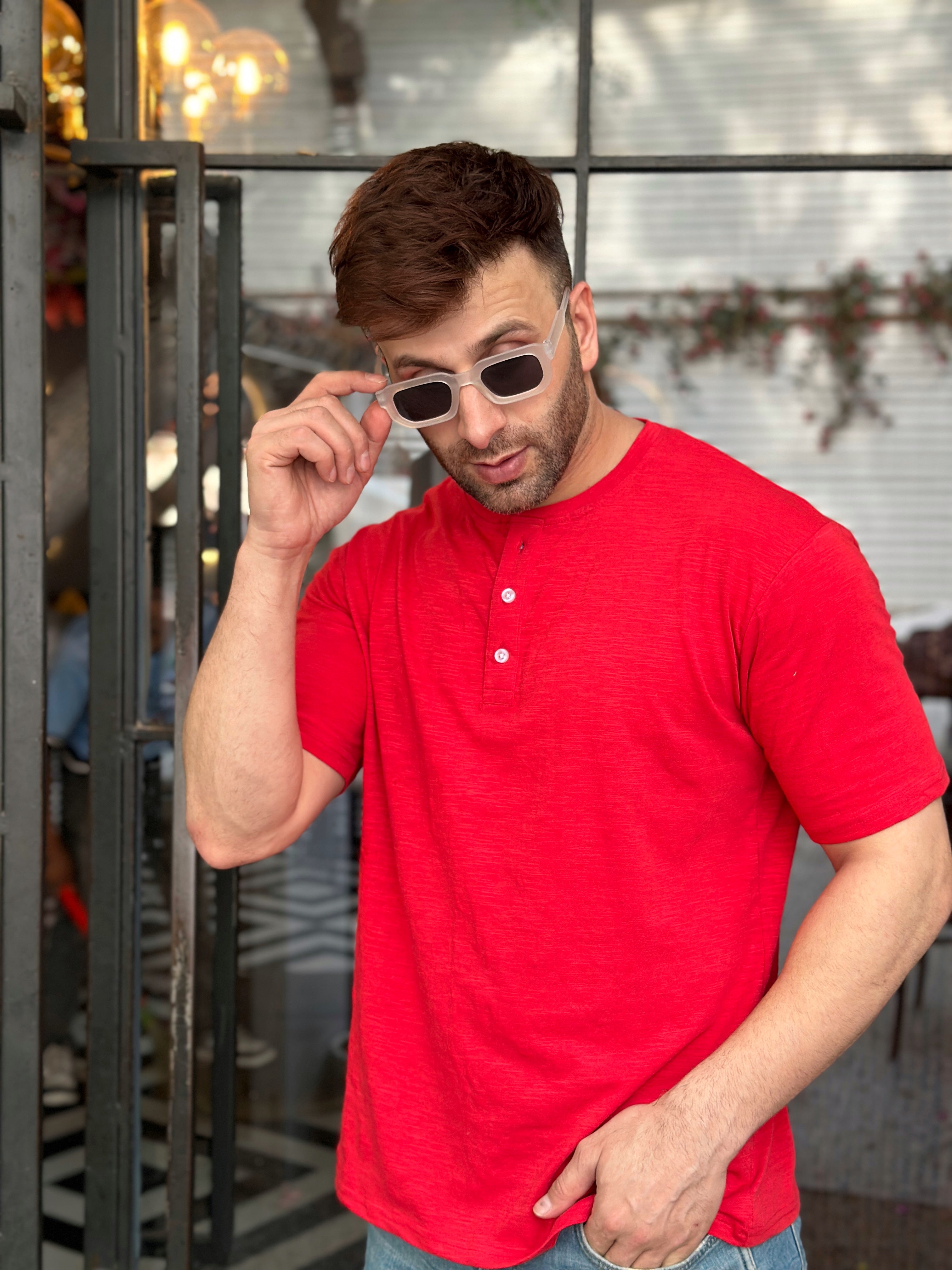 Red Self Design Henley Neck Cotton T-Shirt