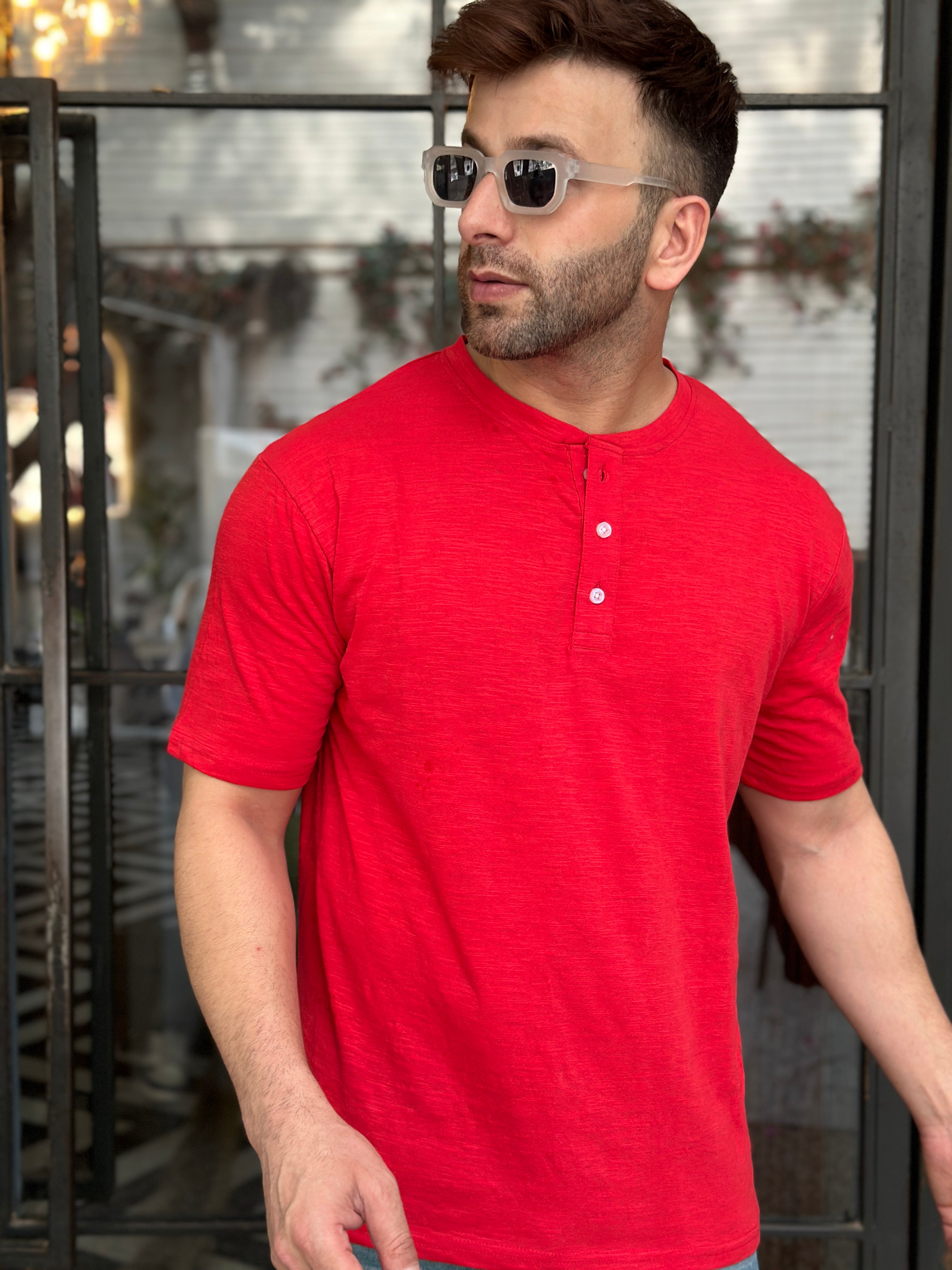 Red Self Design Henley Neck Cotton T-Shirt