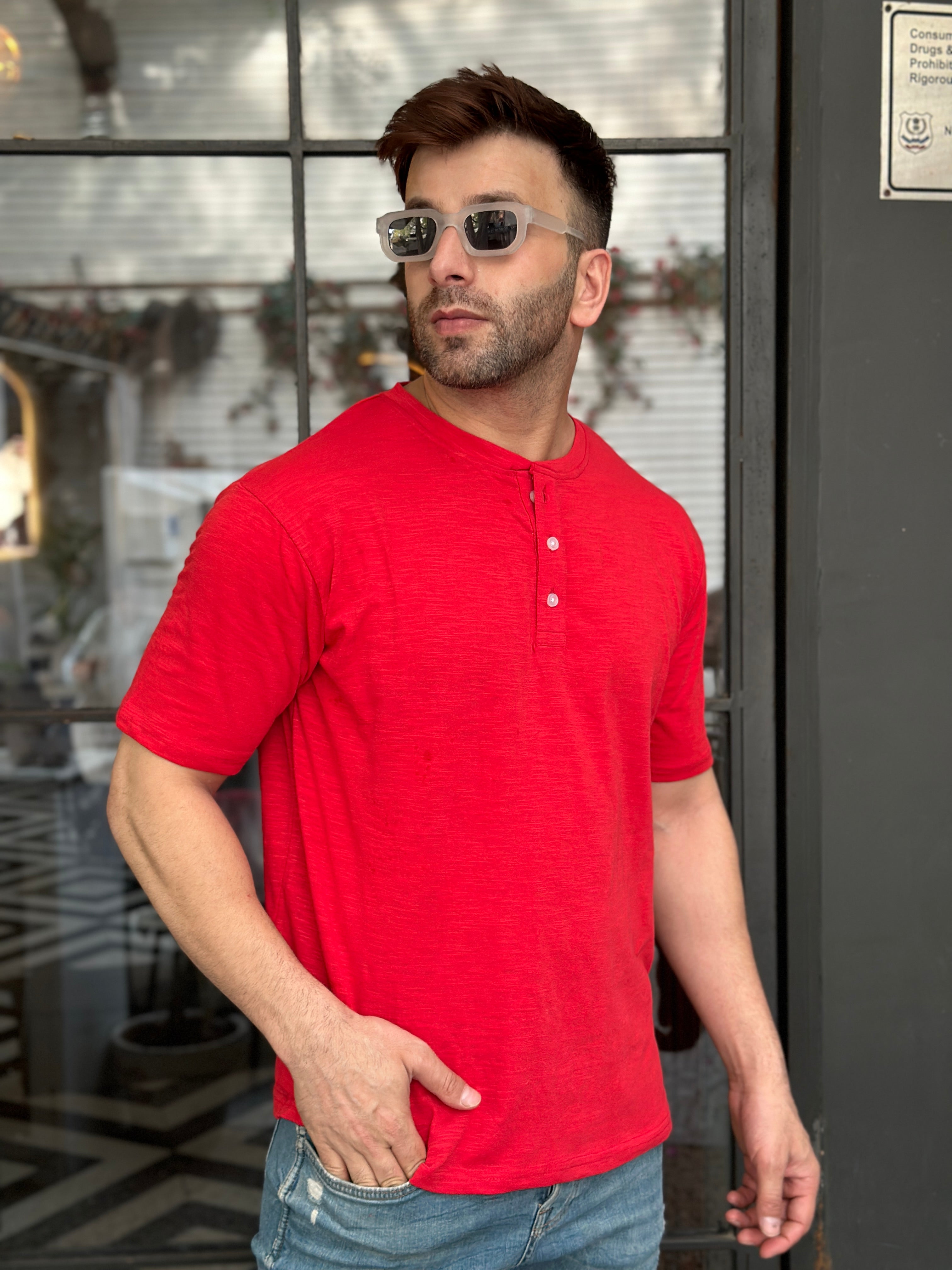 Red Self Design Henley Neck Cotton T-Shirt