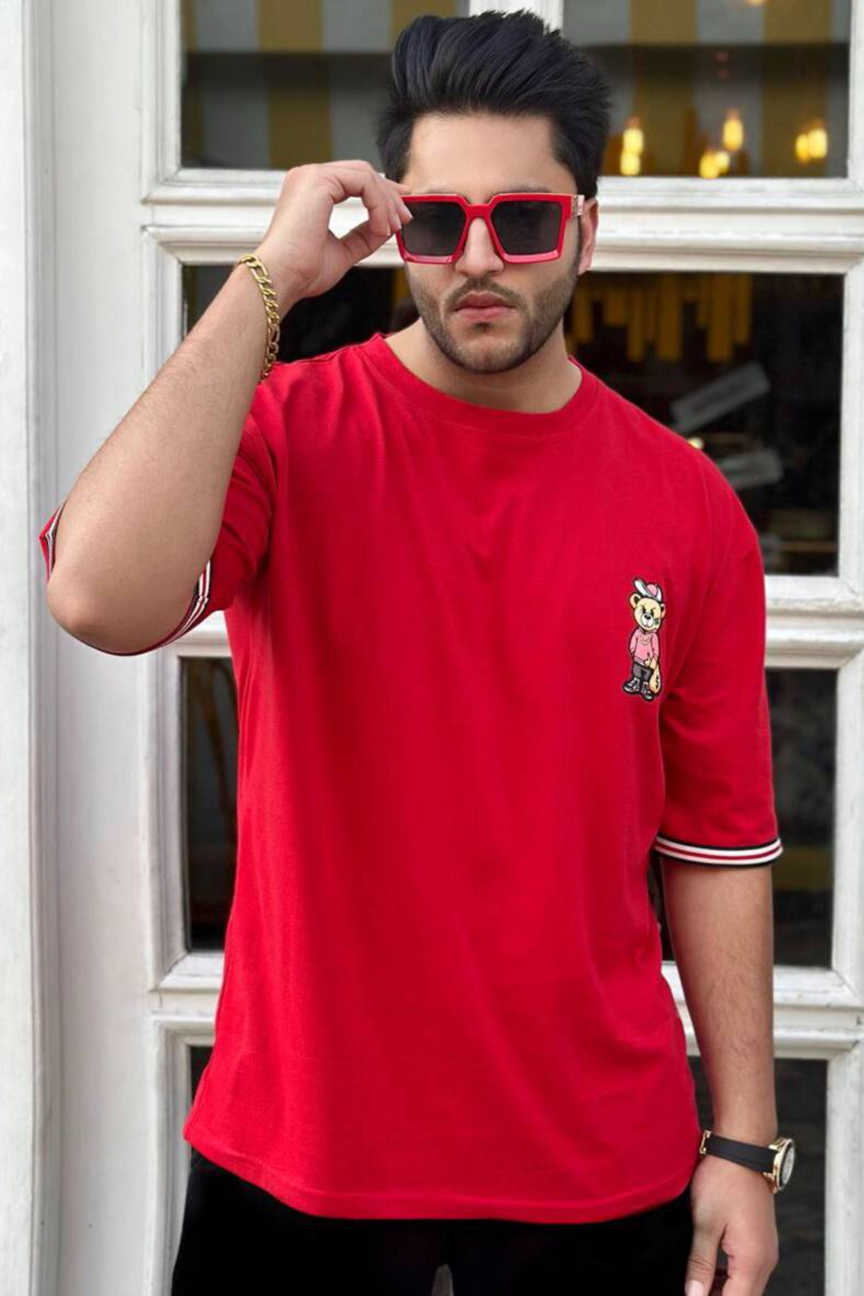 Red Half Sleeve Oversized Bear  T-Shirt