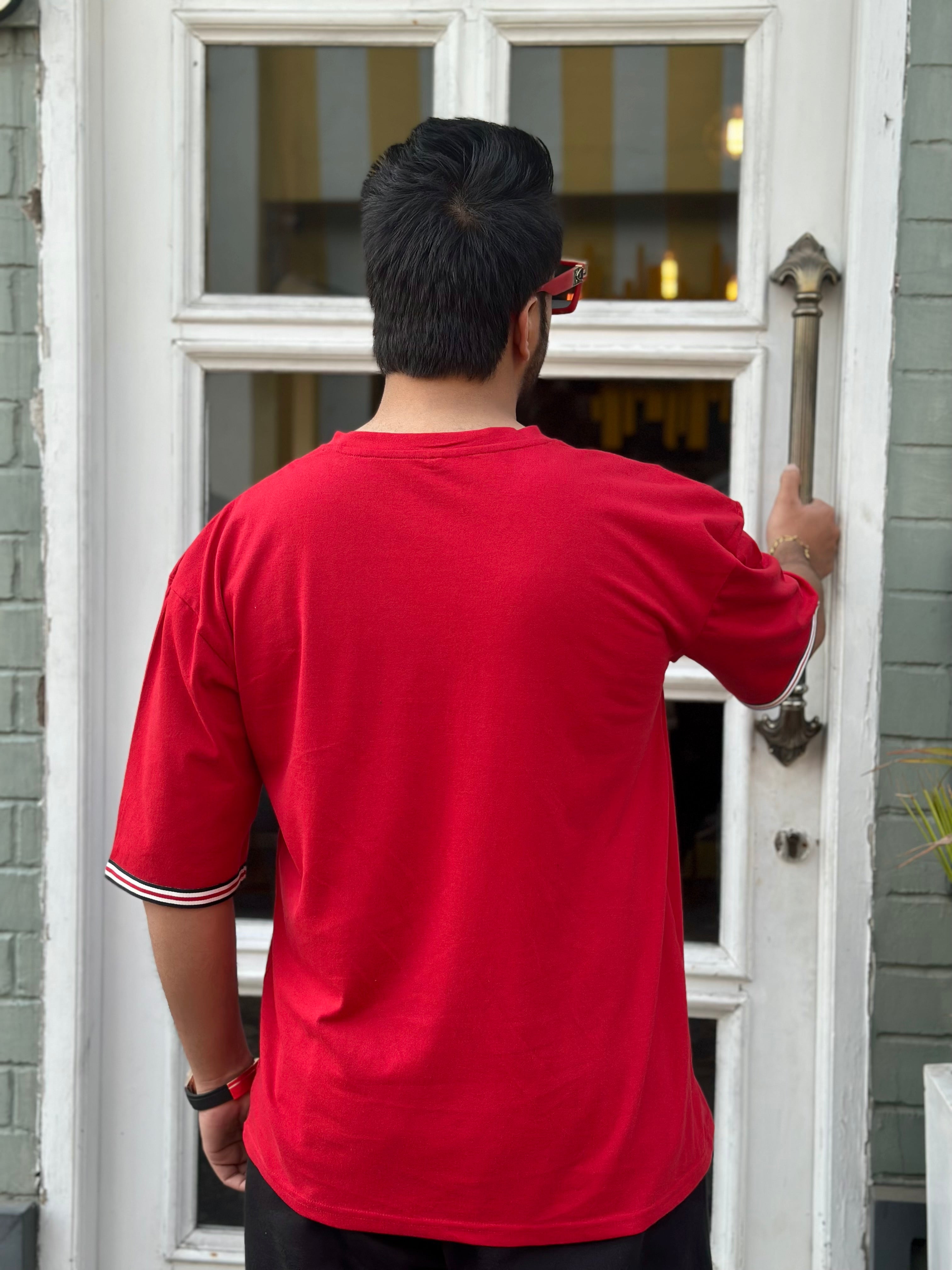 Red Half Sleeve Oversized Bear  T-Shirt