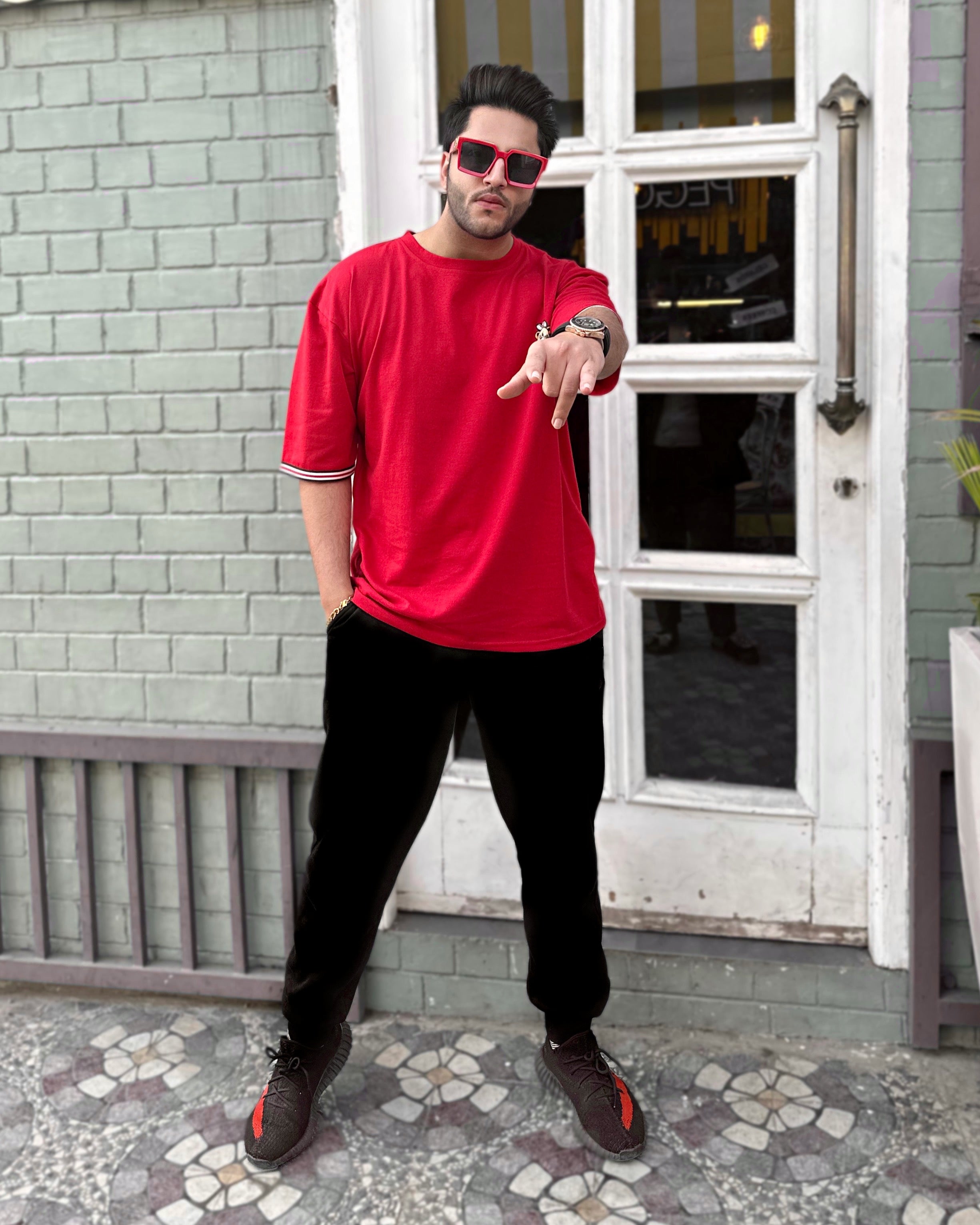 Red Half Sleeve Oversized Bear  T-Shirt